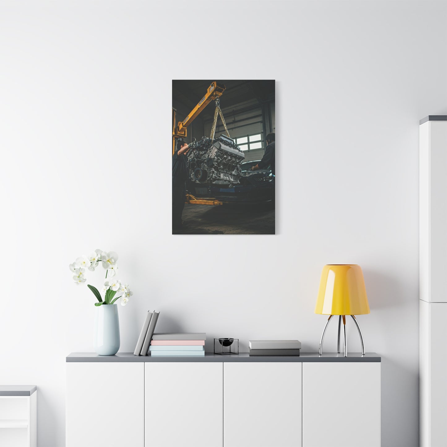 Ford Mustang Shelby GT350 Engine Installation Scene Wall Art & Canvas Prints