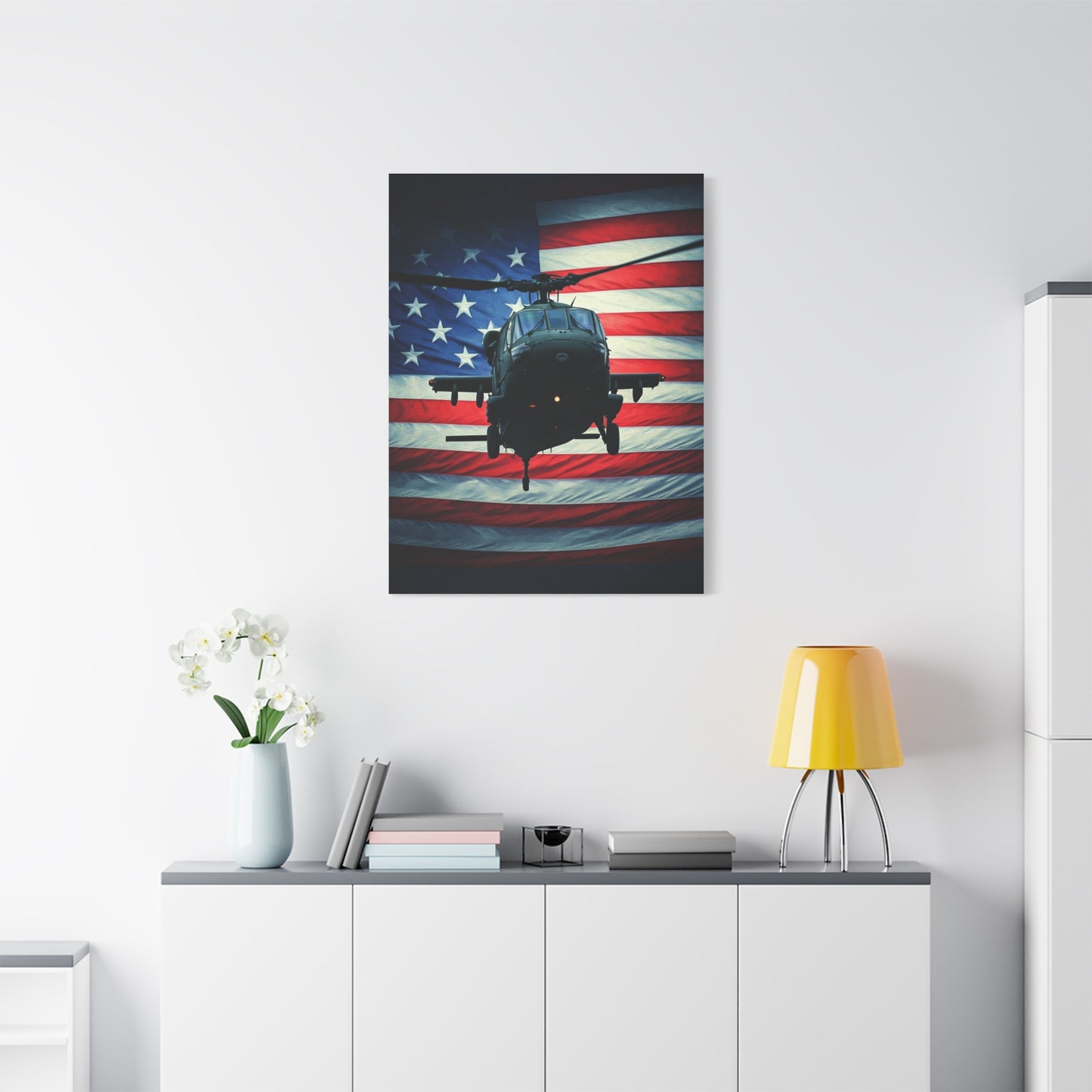 Helicopter Over American Flag Tribute Wall Art & Canvas Prints