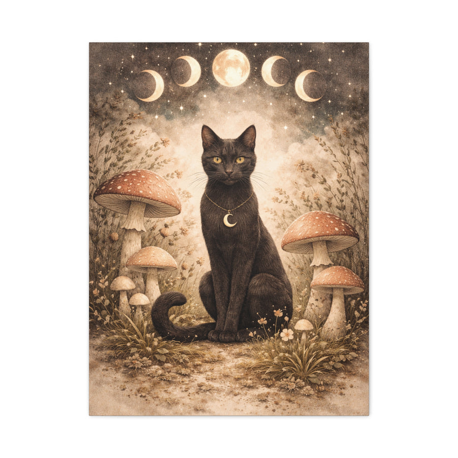 Mystical Boho Black Cat and Mushroom Night Scene Wall Art & Canvas Print