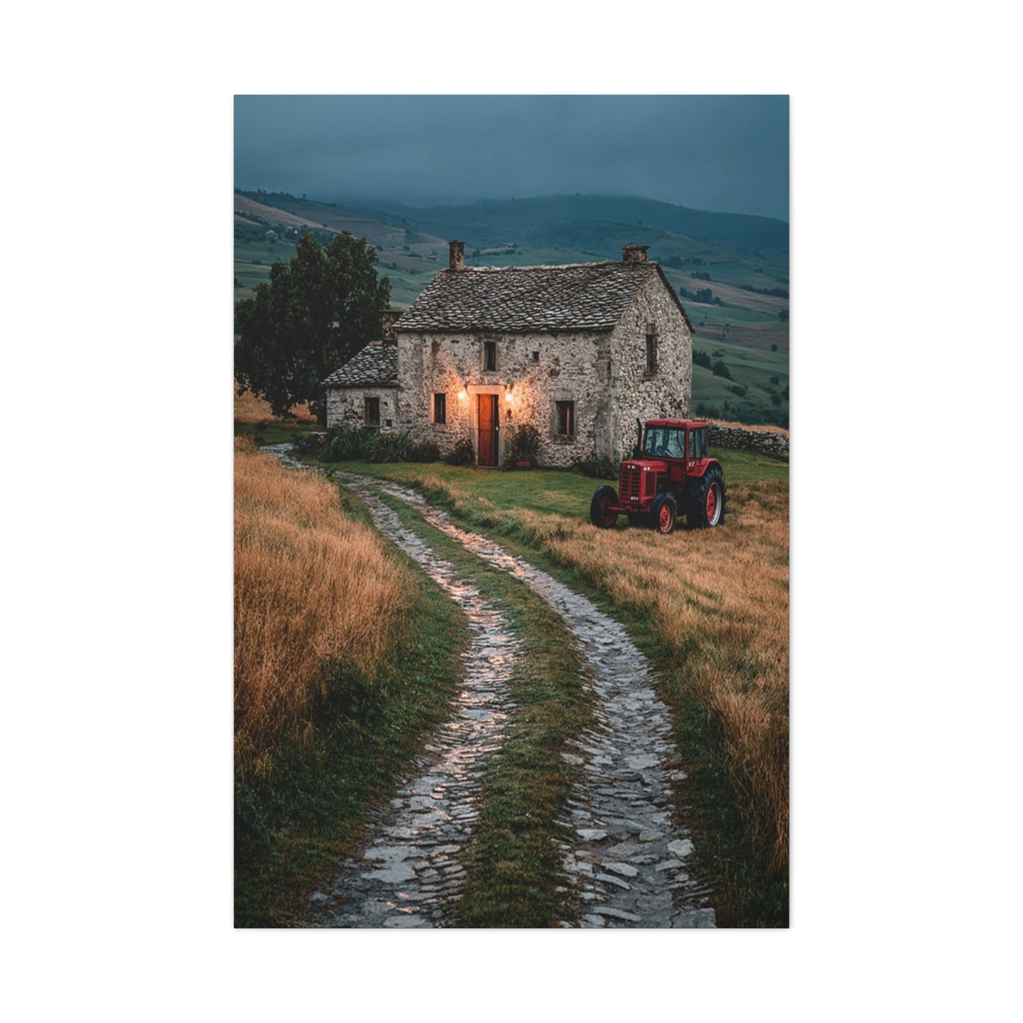 Stone Farmhouse with Red Tractor Landscape Wall Art & Canvas Print