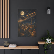 Moonlit Santa Sleigh Over Winter Village Wall Art & Canvas Print