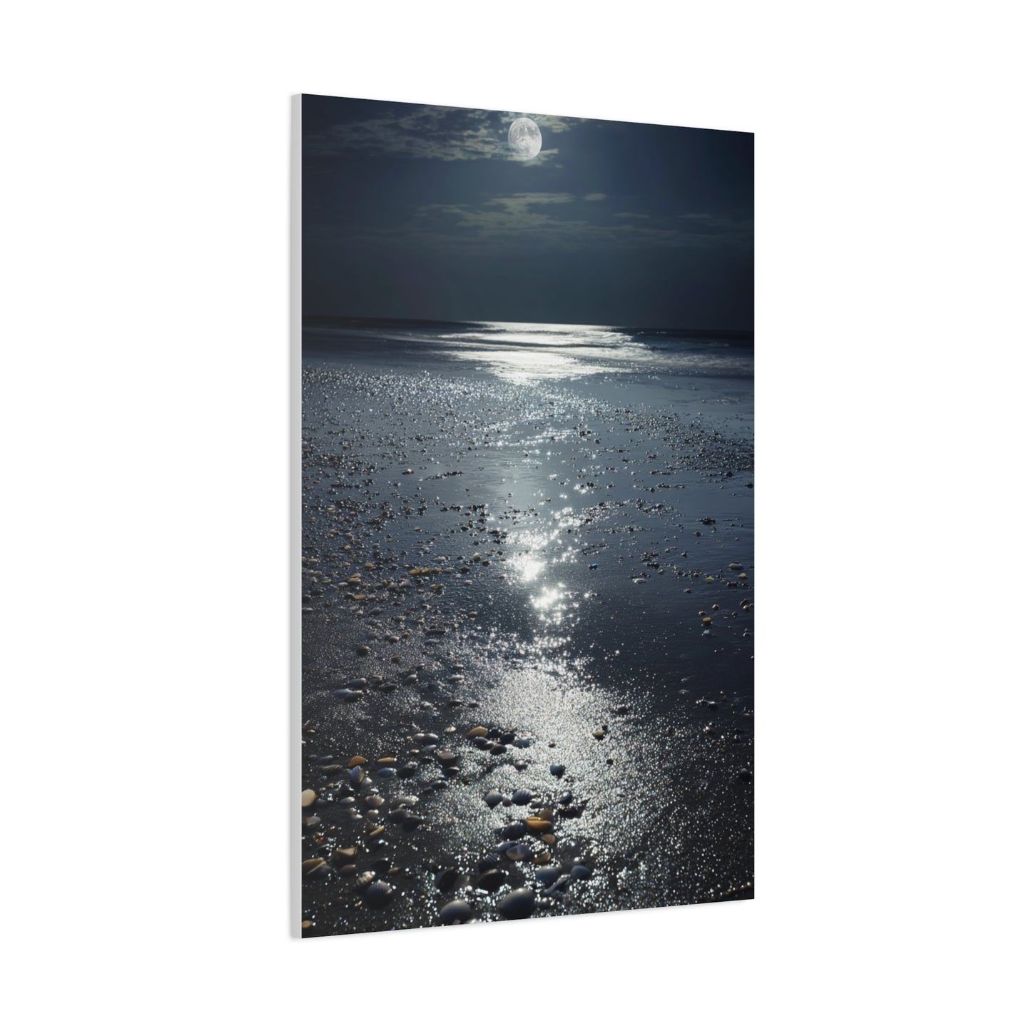 Moonlit Beach Reflections with Scattered Seashells Wall Art & Canvas Print