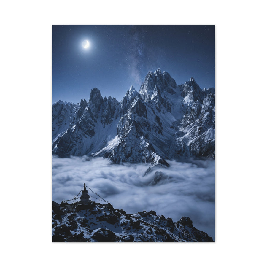 Moonlit Himalayan Peaks & Stupa Wall Art & Canvas Print
