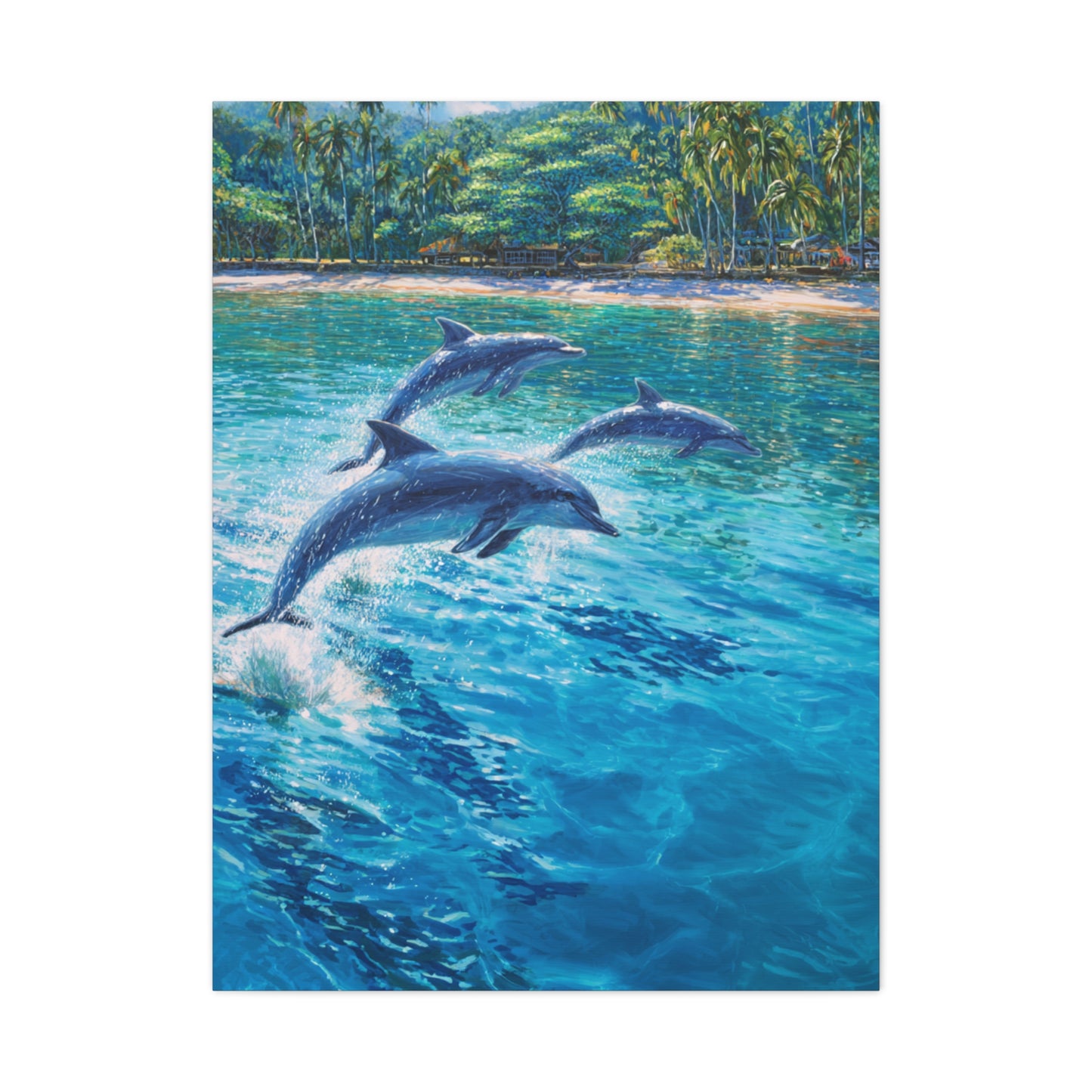 Dolphins Leaping Near Tropical Coastline Wall Art & Canvas Print