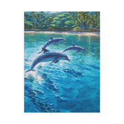 Dolphins Leaping Near Tropical Coastline Wall Art & Canvas Print