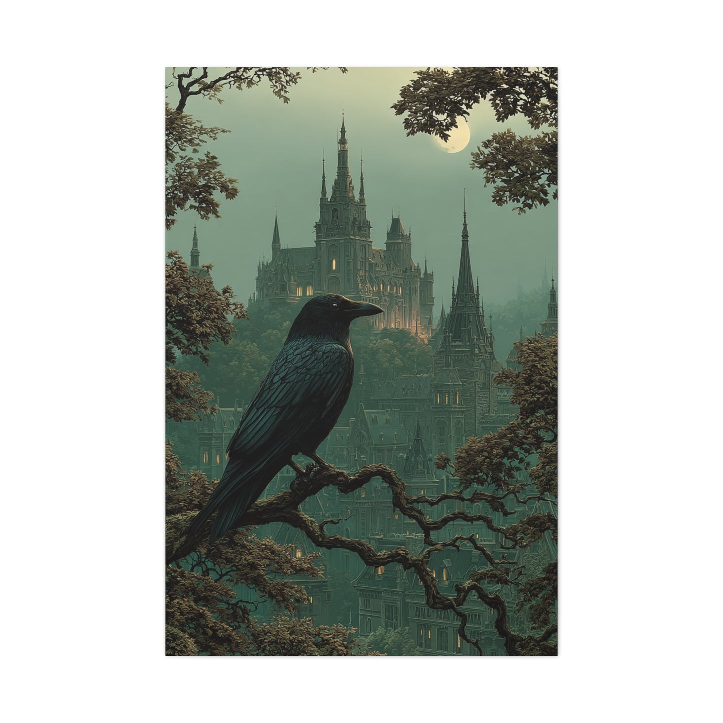 Raven Before Gothic Castle Wall Art & Canvas Print