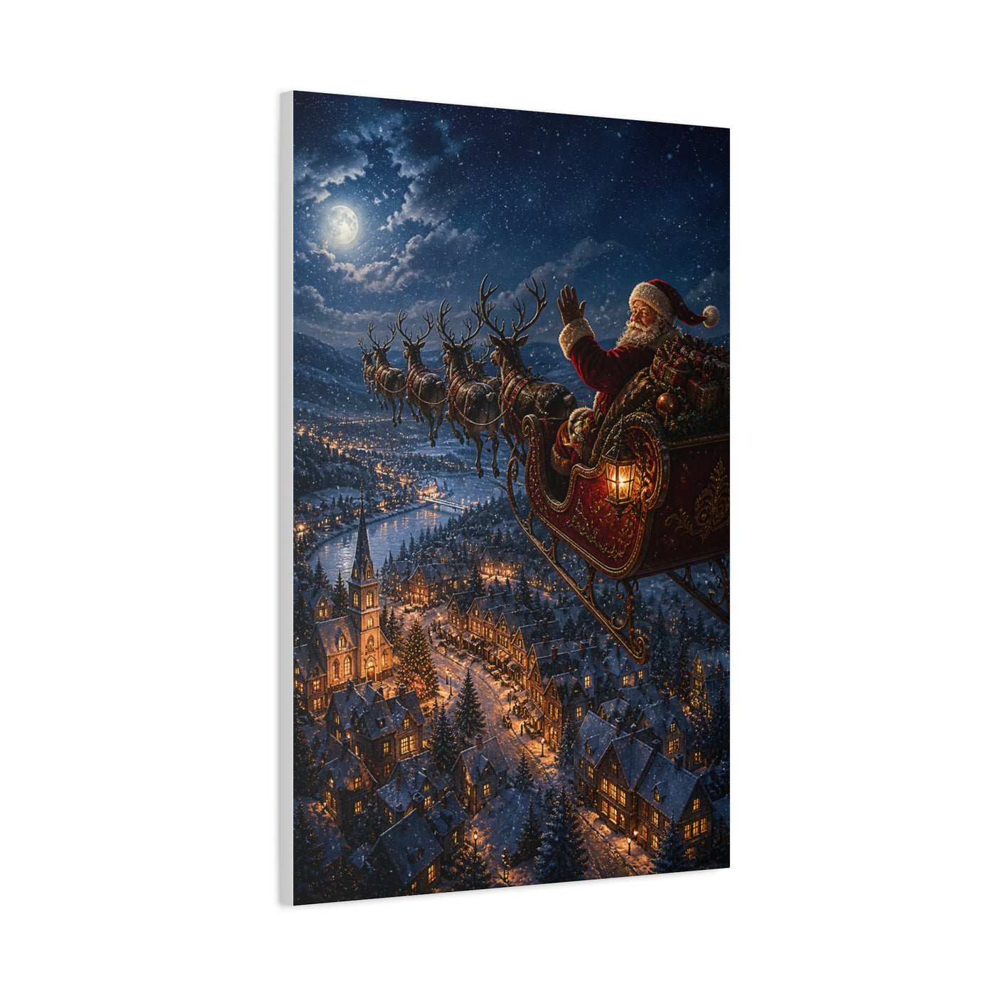 Santa Sleigh Flight Over Snowy Village Wall Art & Canvas Print