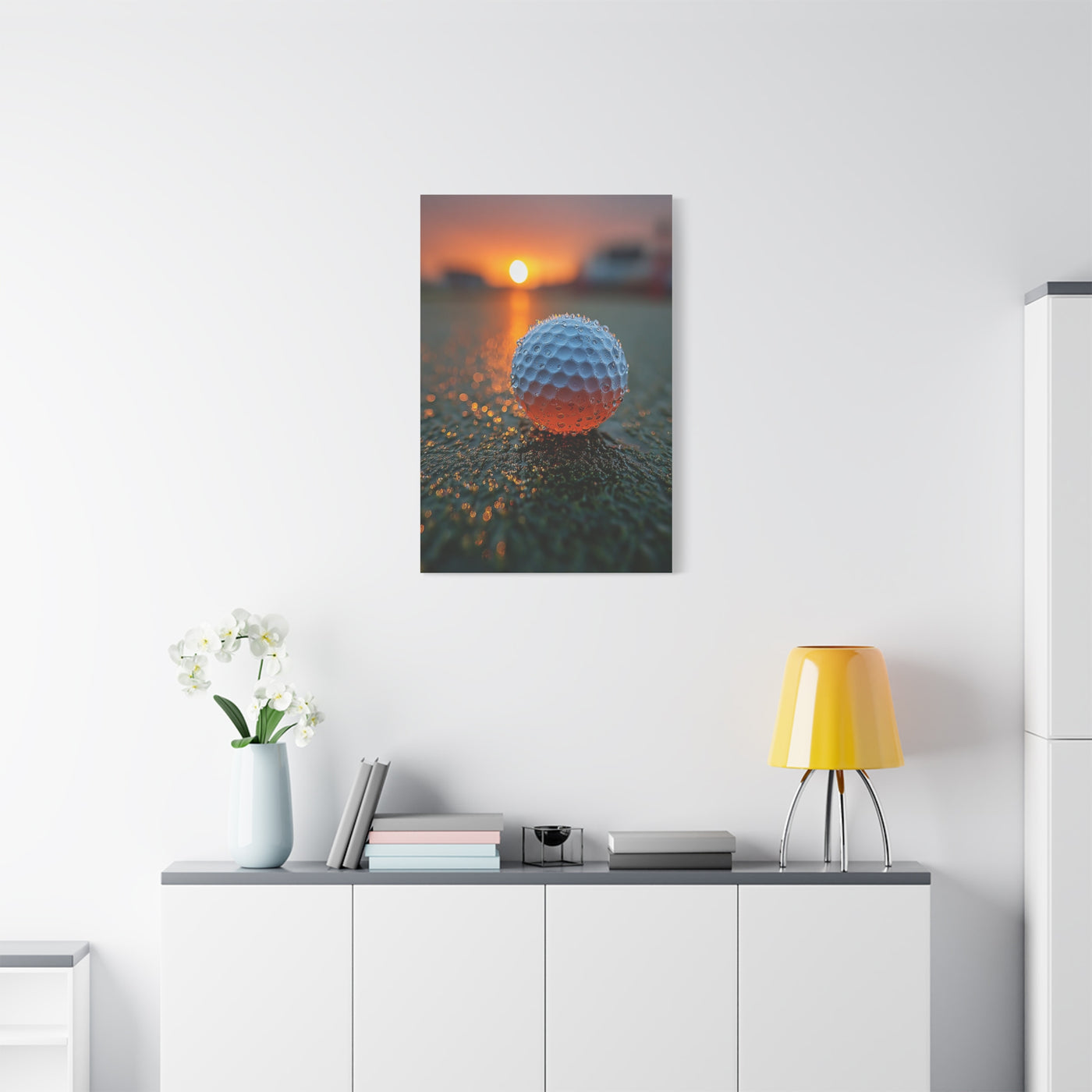 Dew-Covered Golf Ball Sunrise Macro Wall Art & Canvas Print