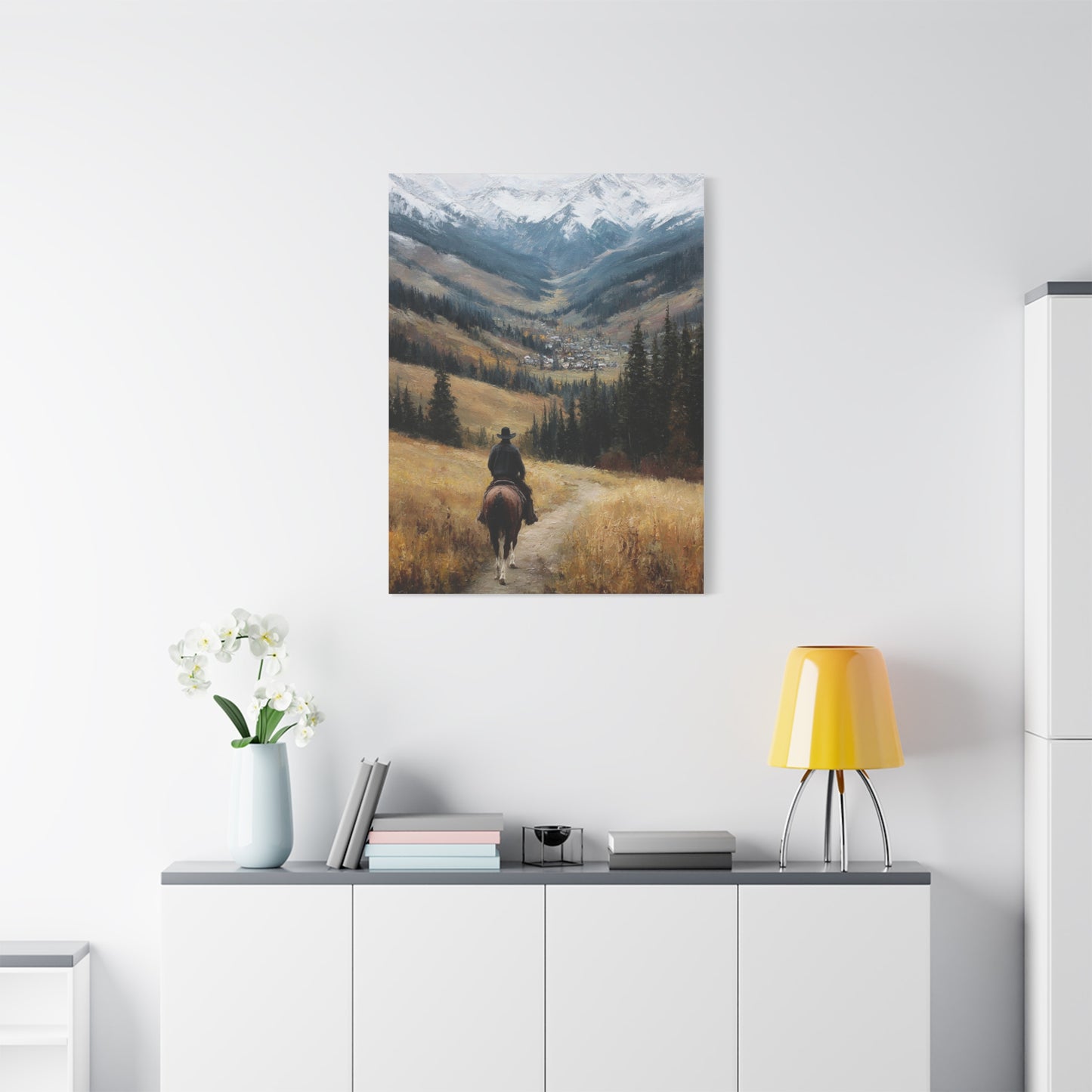 Cowboy Riding Toward a Hidden Mountain Valley Wall Art & Canvas Print