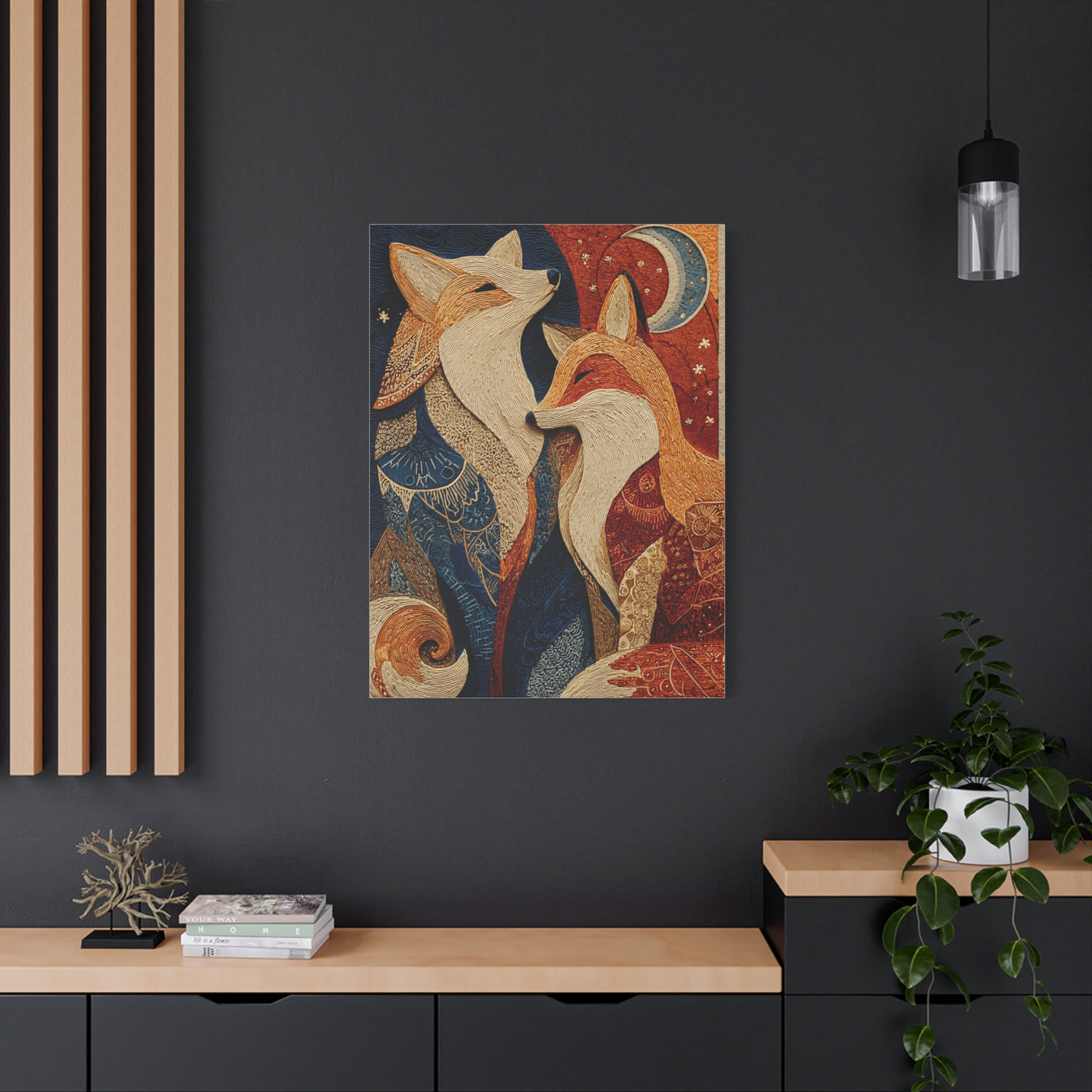 Folk Twin Foxes Celestial Linocut Wall Art & Canvas Print