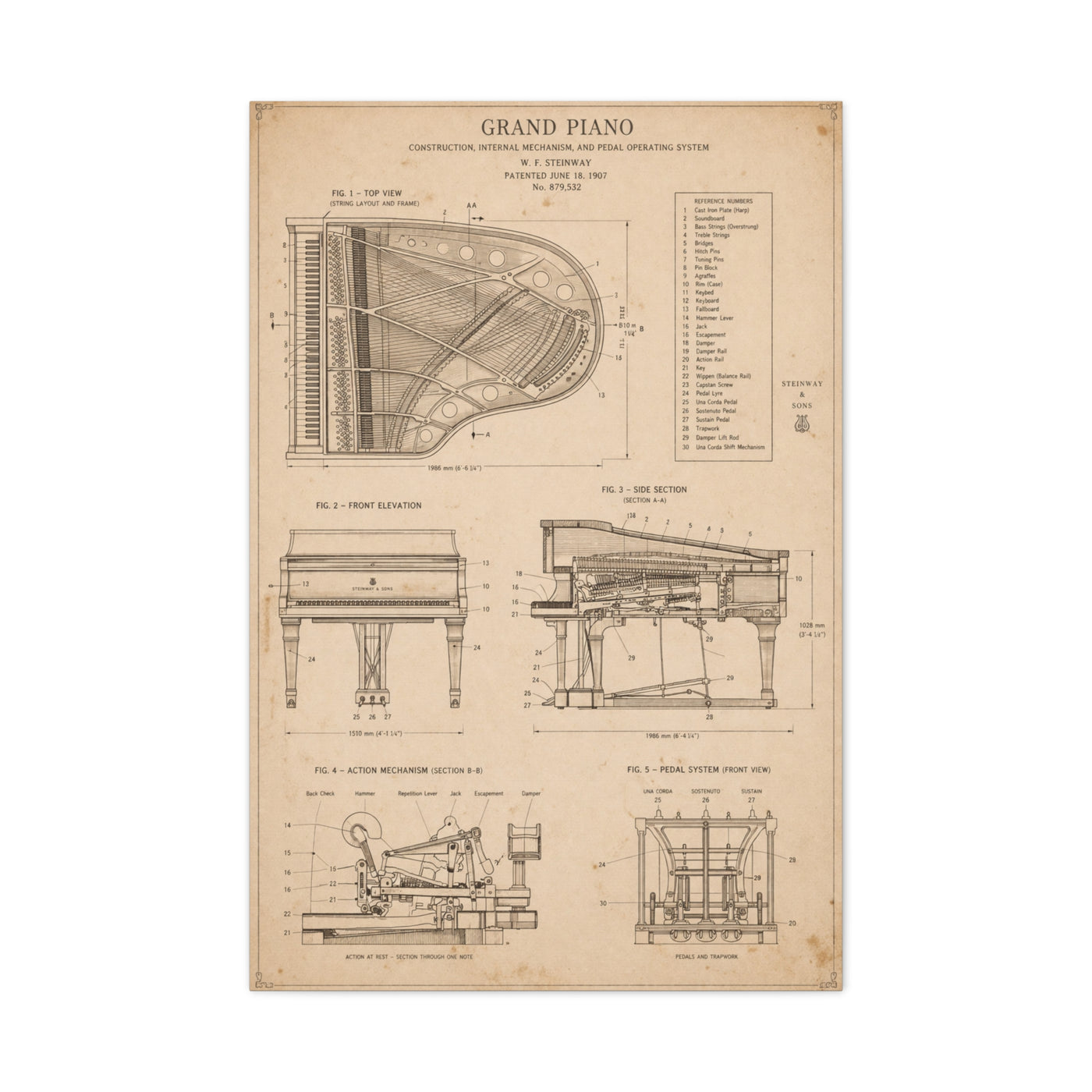 Steinway Grand Piano Technical Diagram Wall Art & Canvas Print