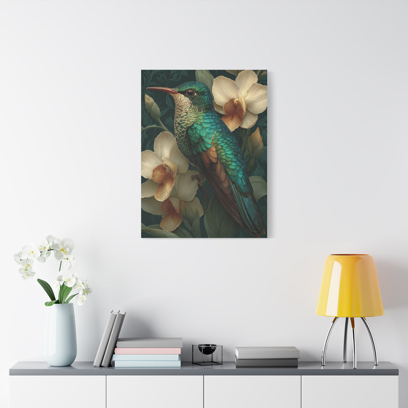 Emerald Hummingbird Botanical Portrait Wall Art & Canvas Print