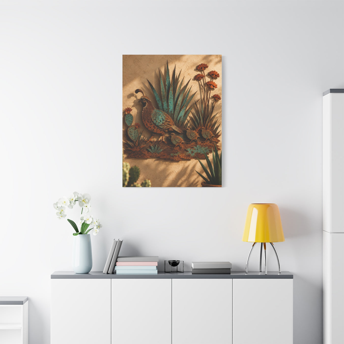 Quail Family Metal Relief Southwest Wall Art & Canvas Print