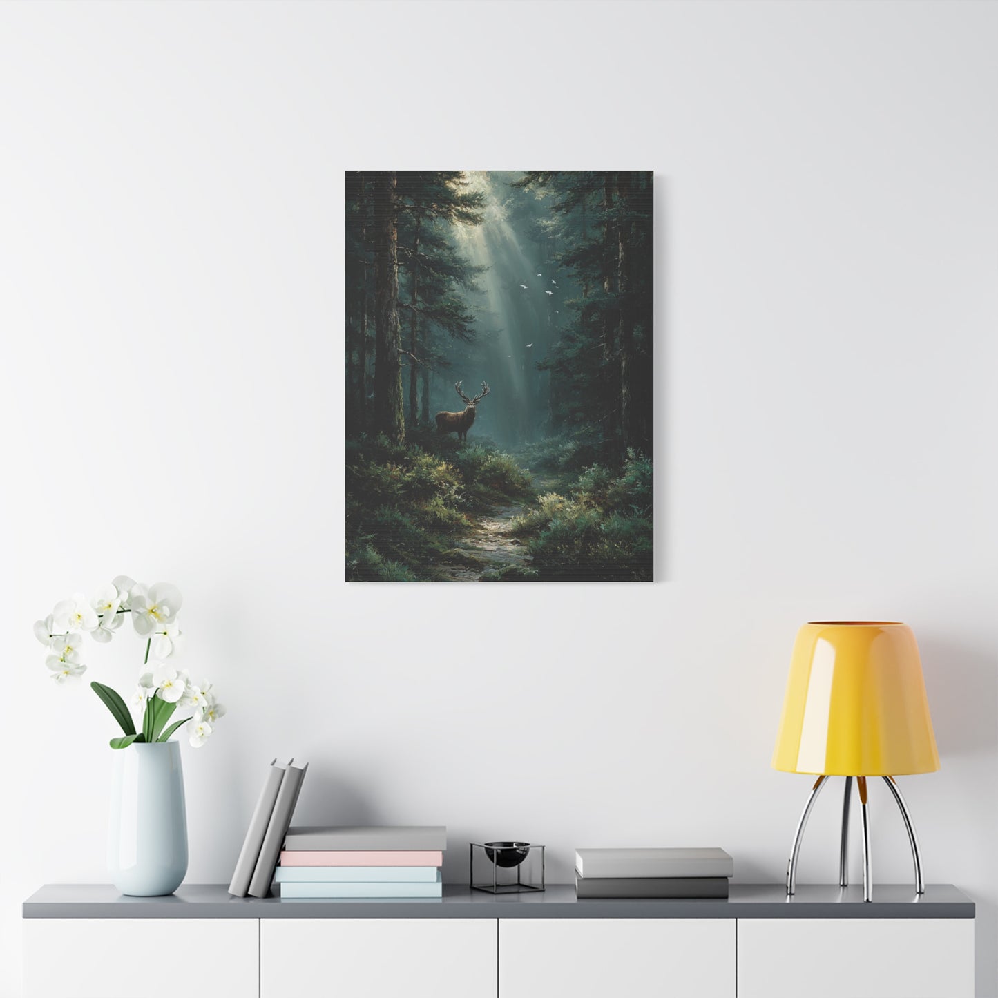 Sunlit Evergreen Forest Stag Wall Art & Canvas Print