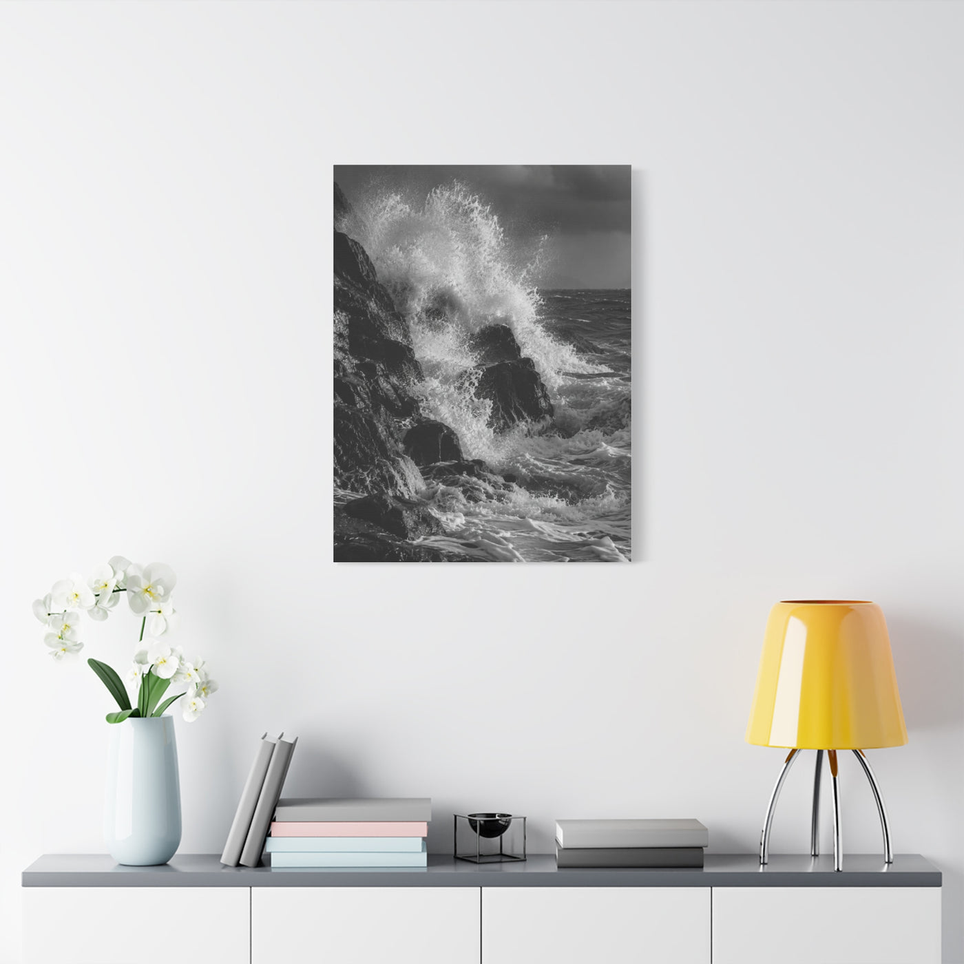 Monochrome Ocean Impact Rock Scene Wall Art & Canvas Print