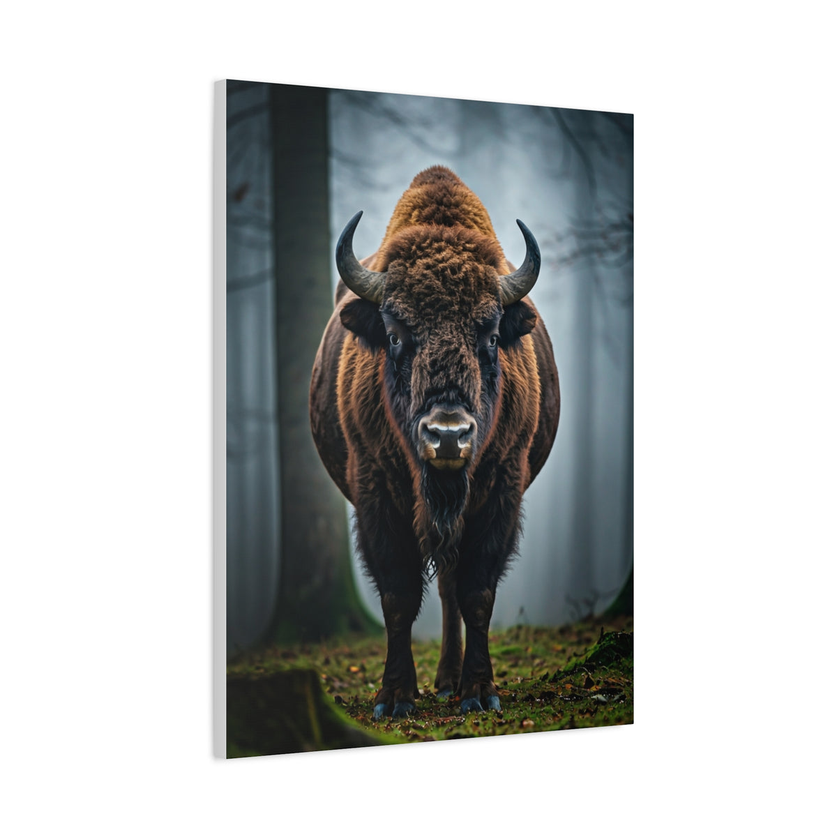 Bison Emerging from Forest Mist Wall Art & Canvas Print