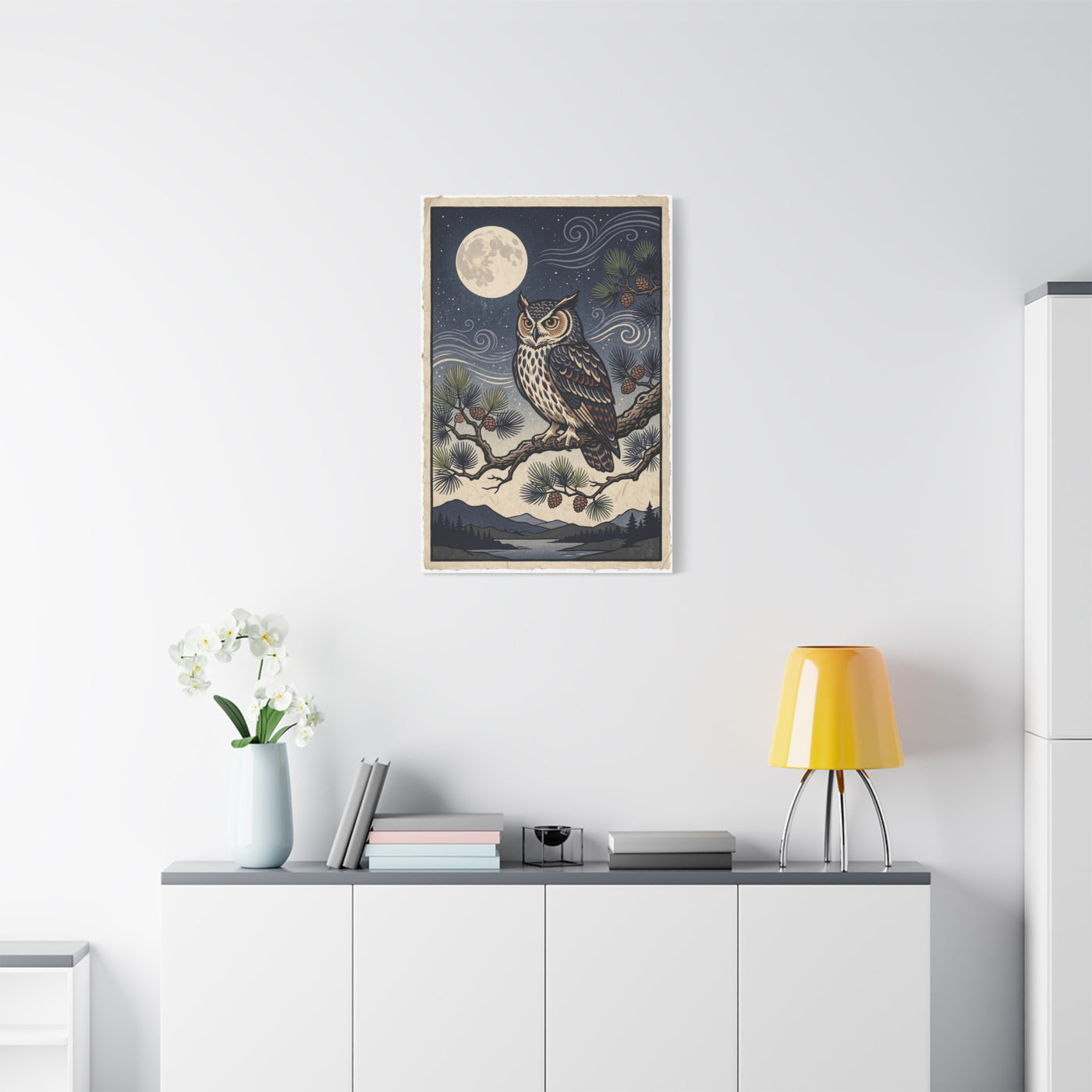 Vintage Moonlit Owl Woodblock Wall Art & Canvas Print