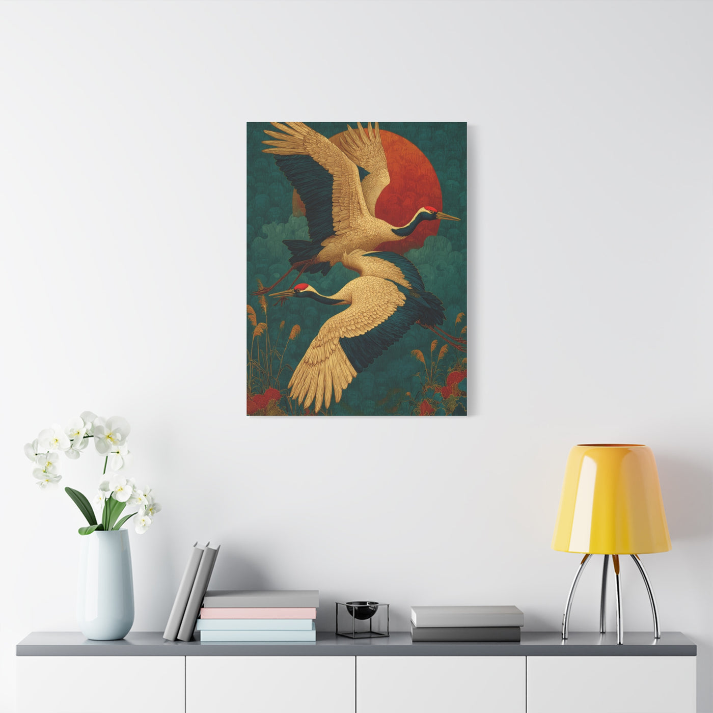 Golden Crane Celestial Flight Wall Art & Canvas Print