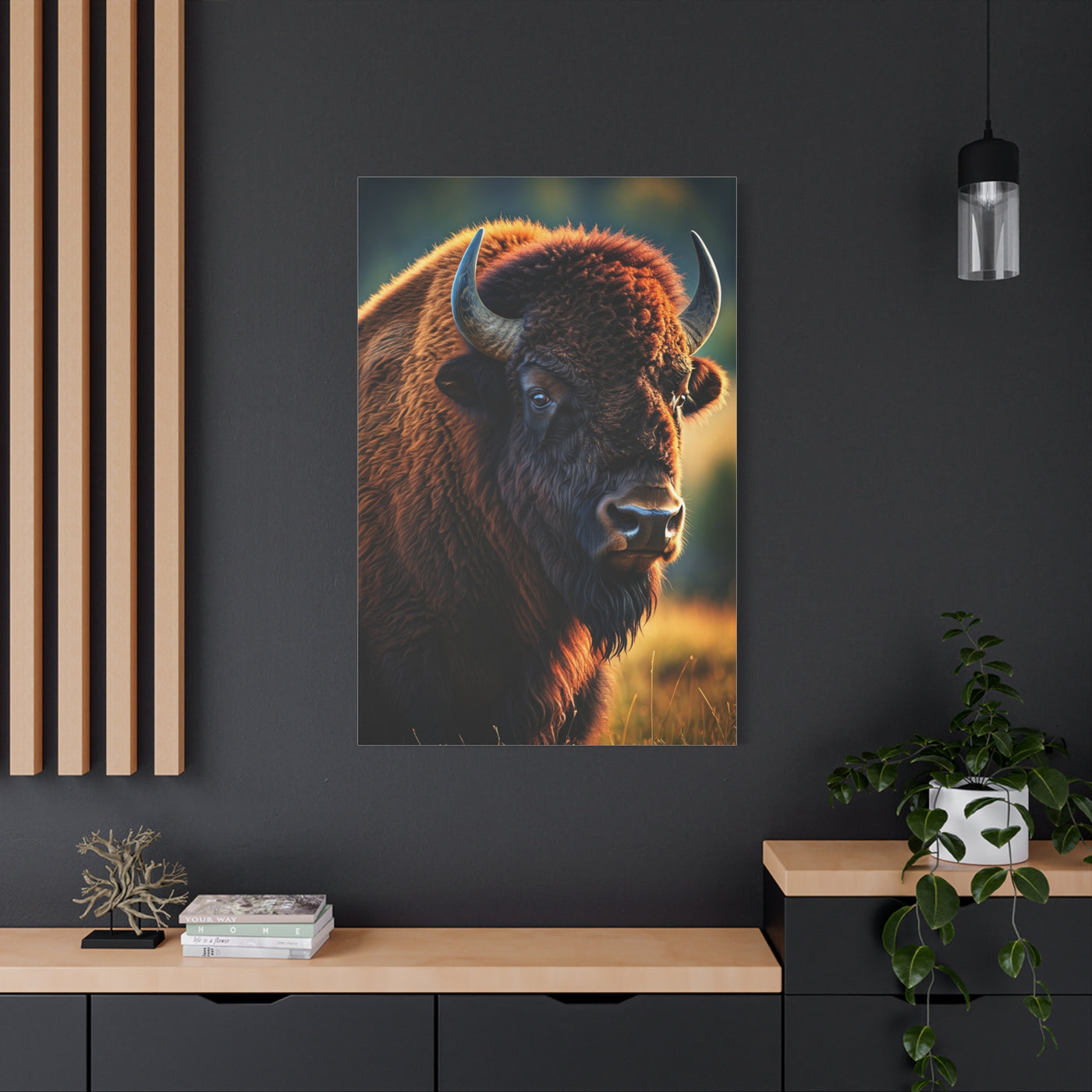 Golden Hour Bison Side Portrait with Warm Prairie Light Wall Art & Canvas Print