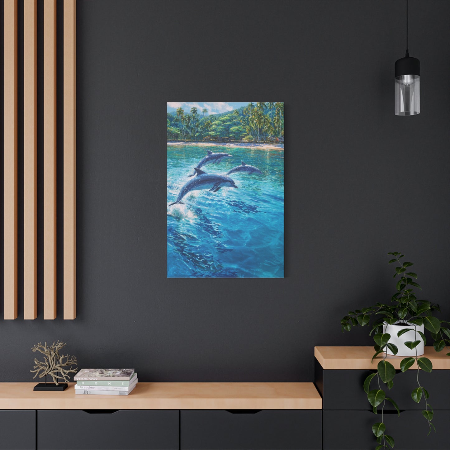 Dolphins Leaping Near Tropical Coastline Wall Art & Canvas Print
