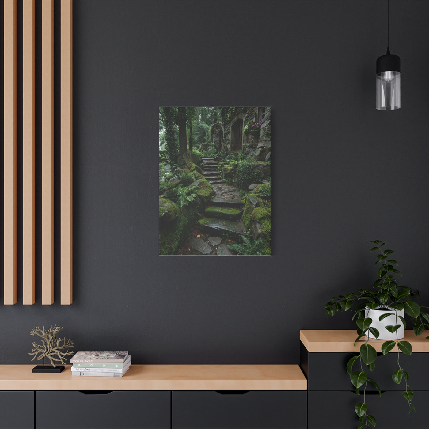 Green Moss-Covered Garden Staircase Wall Art & Canvas Print