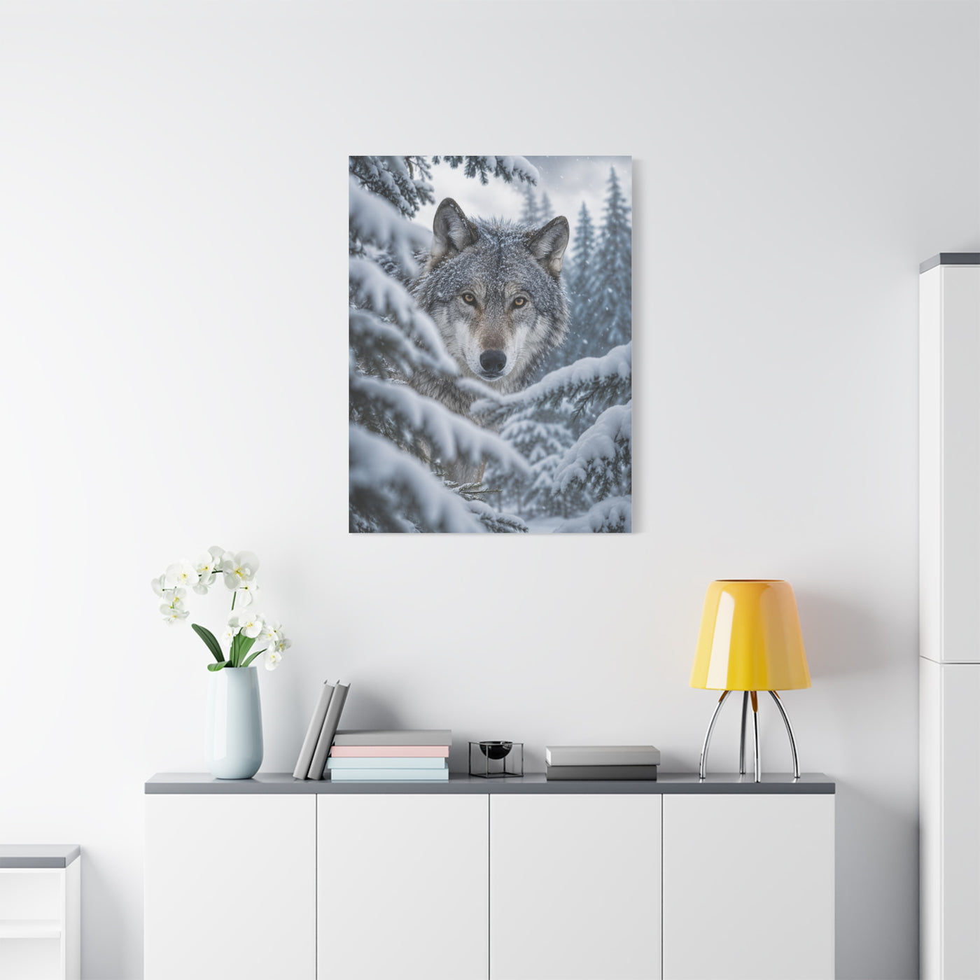 Snow-Covered Pine Wolf Close Portrait Wall Art & Canvas Print