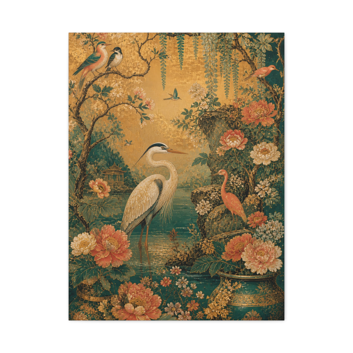 Golden Chinoiserie Garden Scene Wall Art & Canvas Print