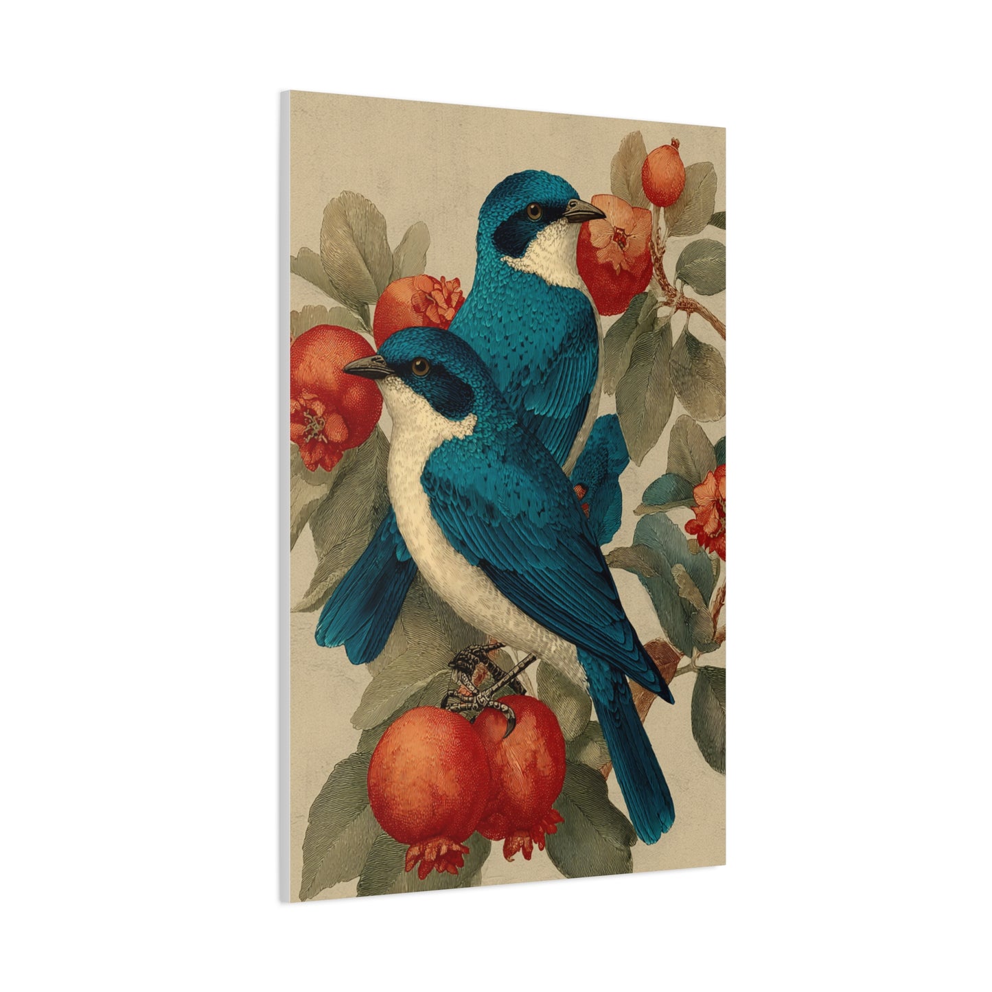 Blue Folk Birds Pomegranate Wall Art & Canvas Print