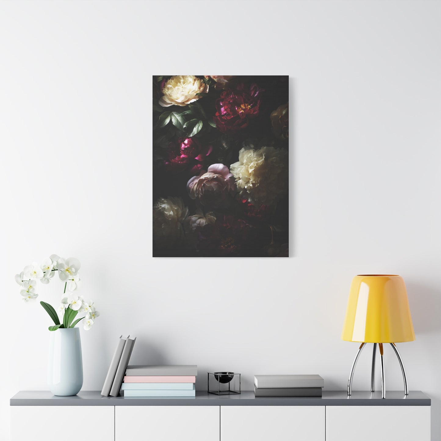 Luminous Peonies on Dark Background Wall Art & Canvas Print