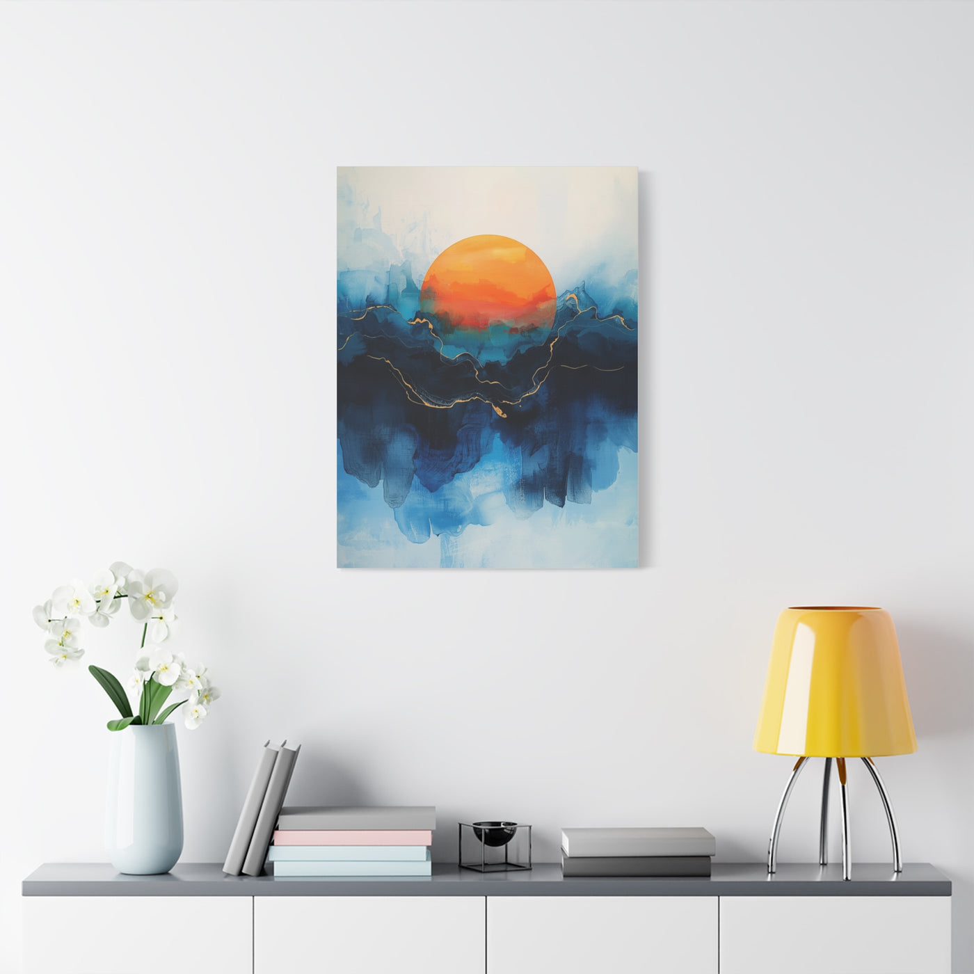 Orange Sun Over Indigo Waves Abstract Wall Art & Canvas Print