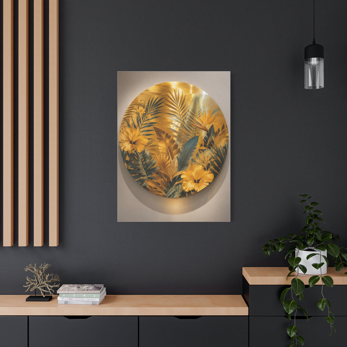 Golden Tropical Botanical Disc Composition Wall Art & Canvas Print
