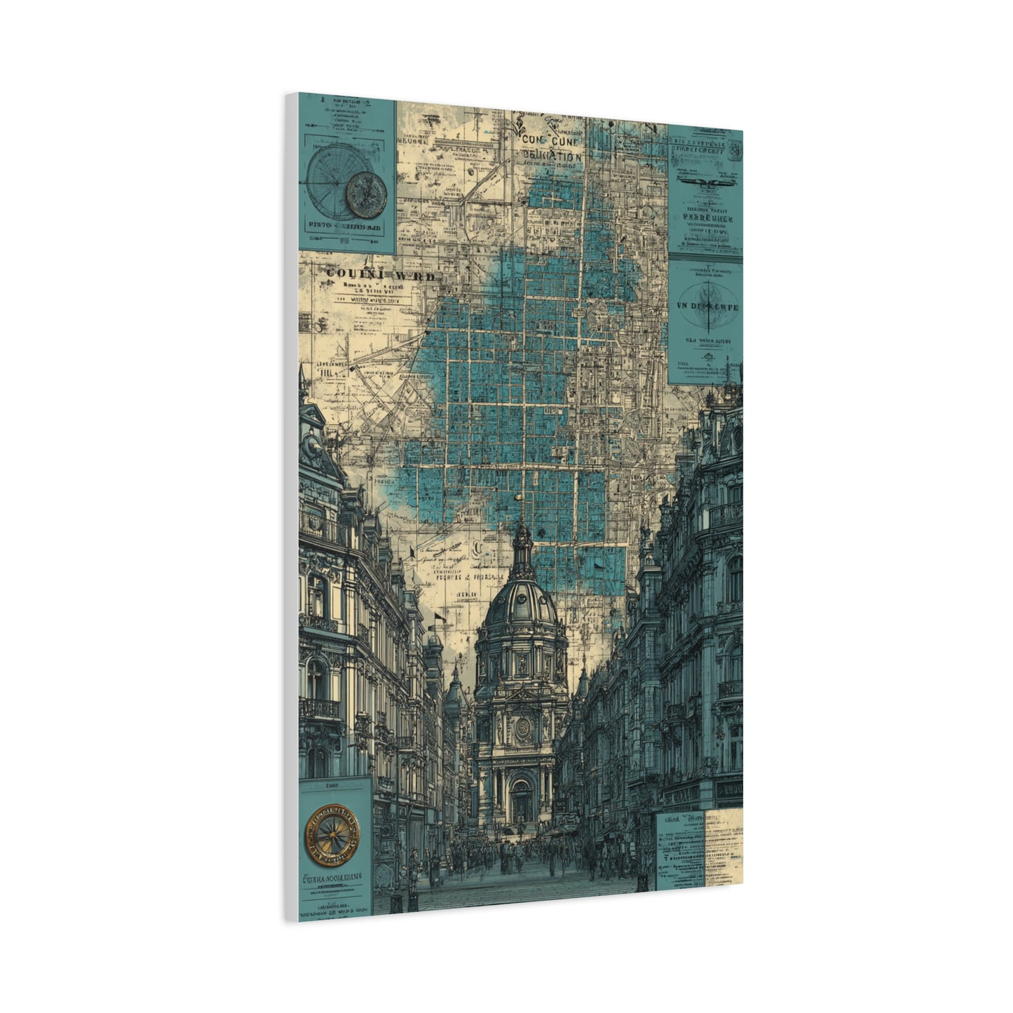 Vintage City Map Architectural Collage Wall Art & Canvas Print