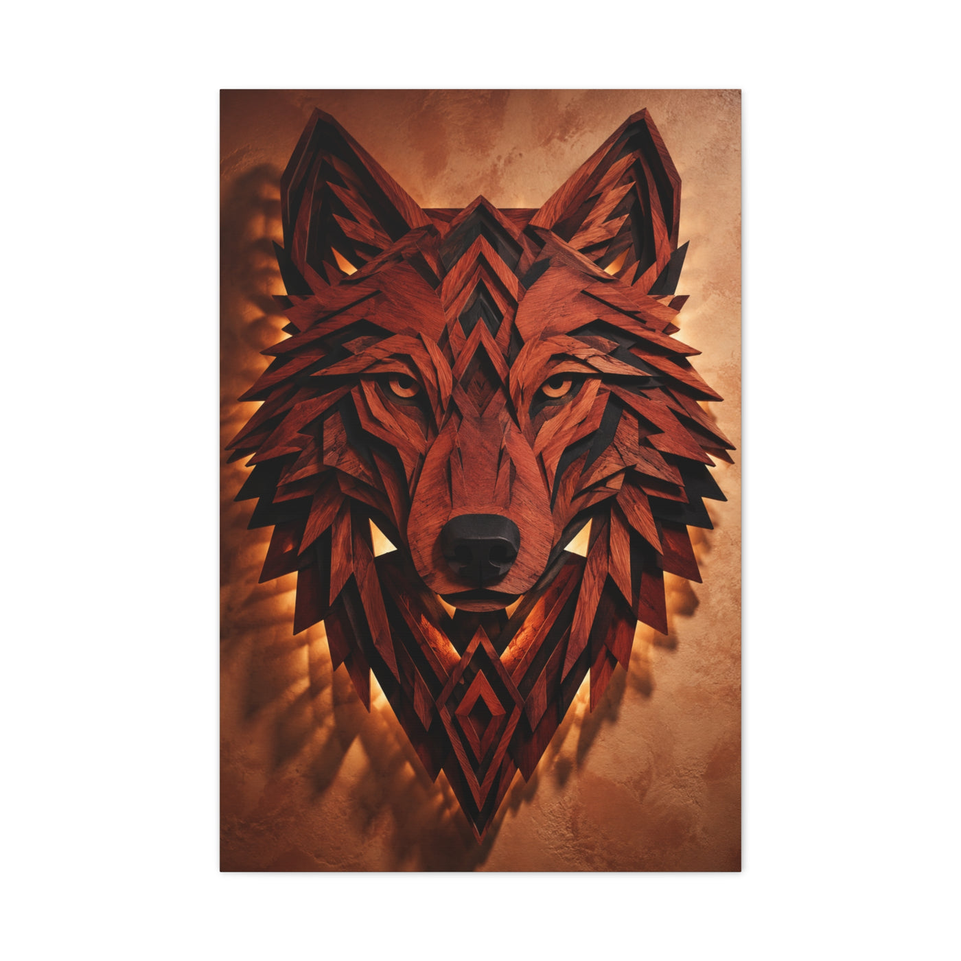 Geometric Carved Wood Wolf Head Sculpture Wall Art & Canvas Print