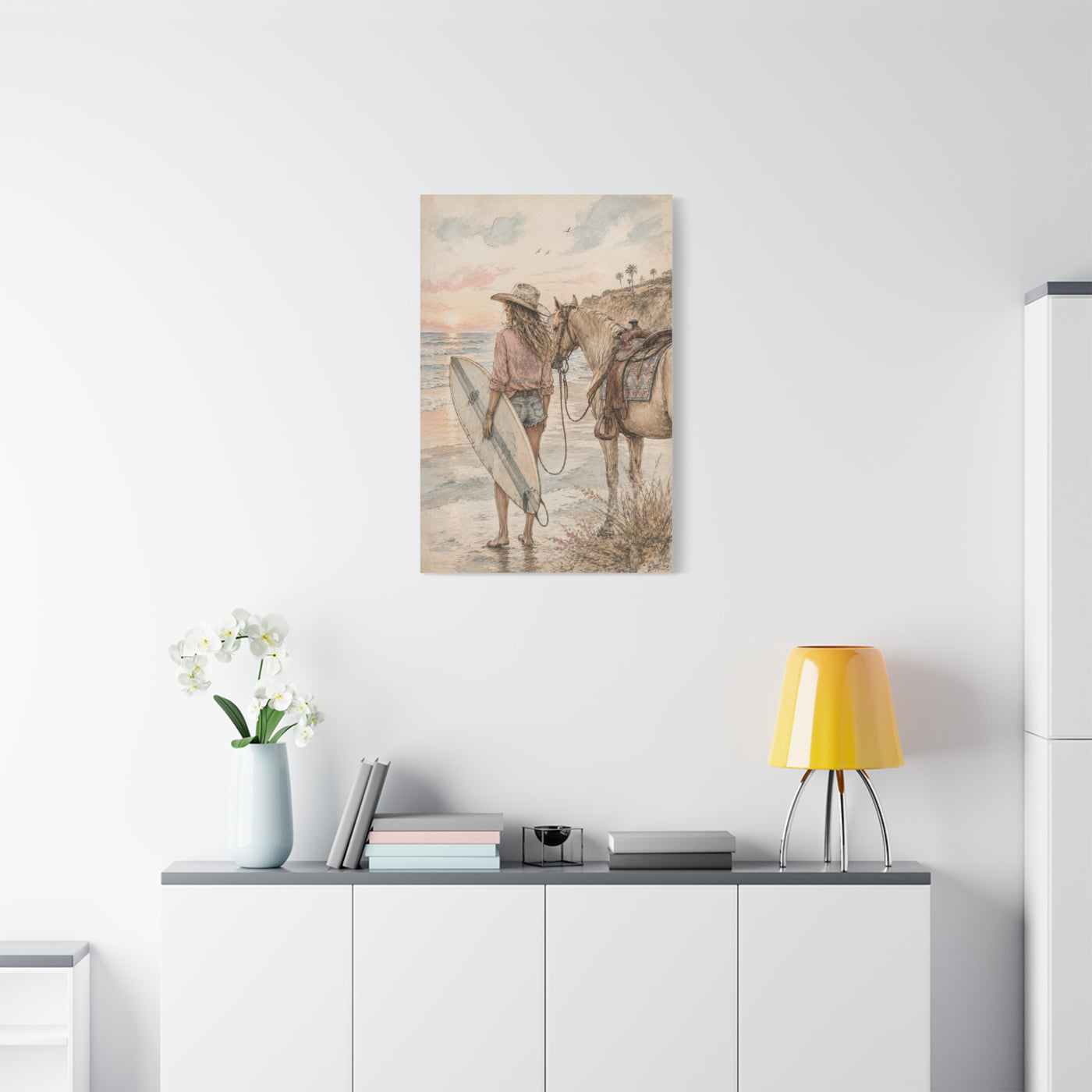 Surf Cowgirl Beach Horizon Scene Wall Art & Canvas Print
