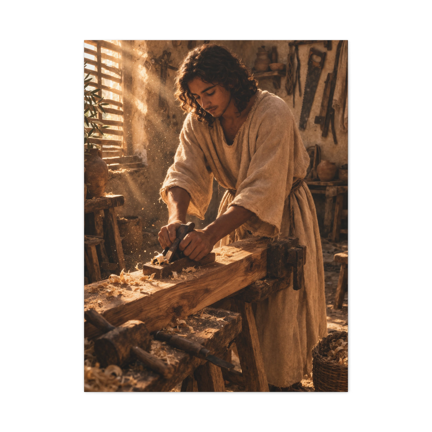 Jesus the Carpenter Workshop Scene Wall Art & Canvas Print