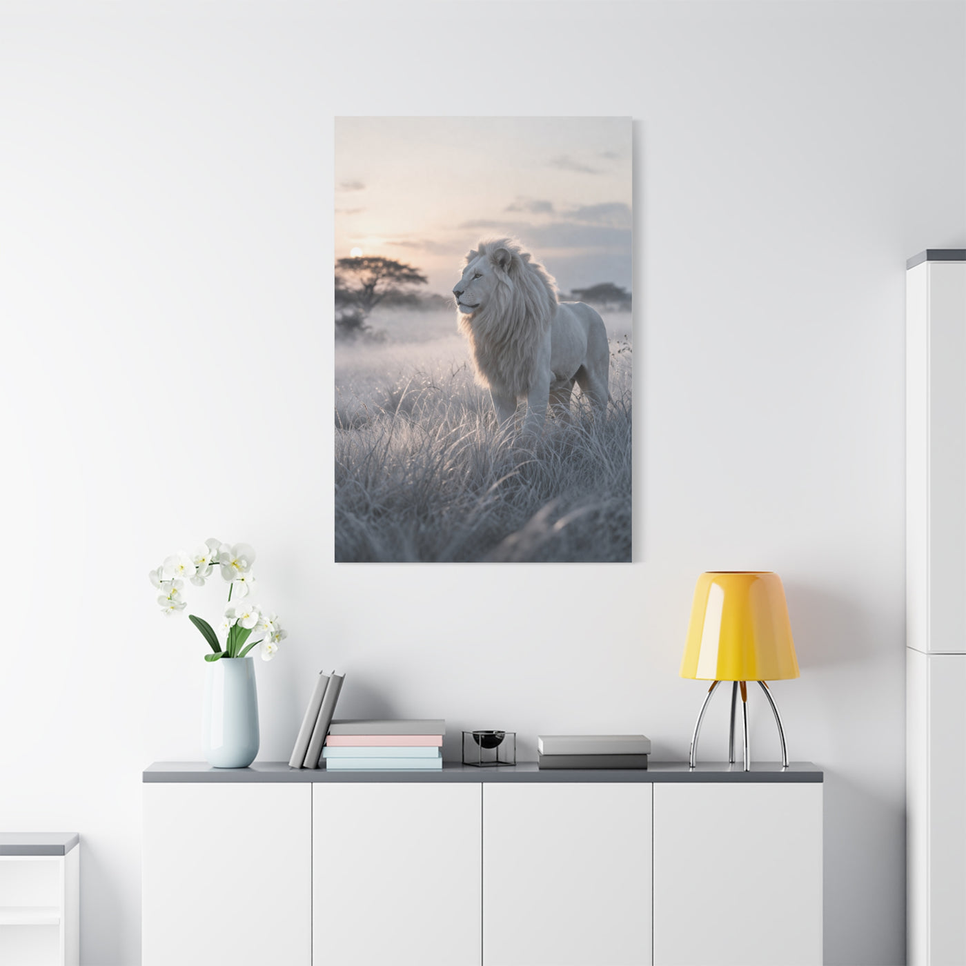 White Lion in Misty Savanna Dawn Wall Art & Canvas Print