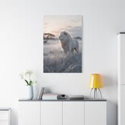 White Lion in Misty Savanna Dawn Wall Art & Canvas Print