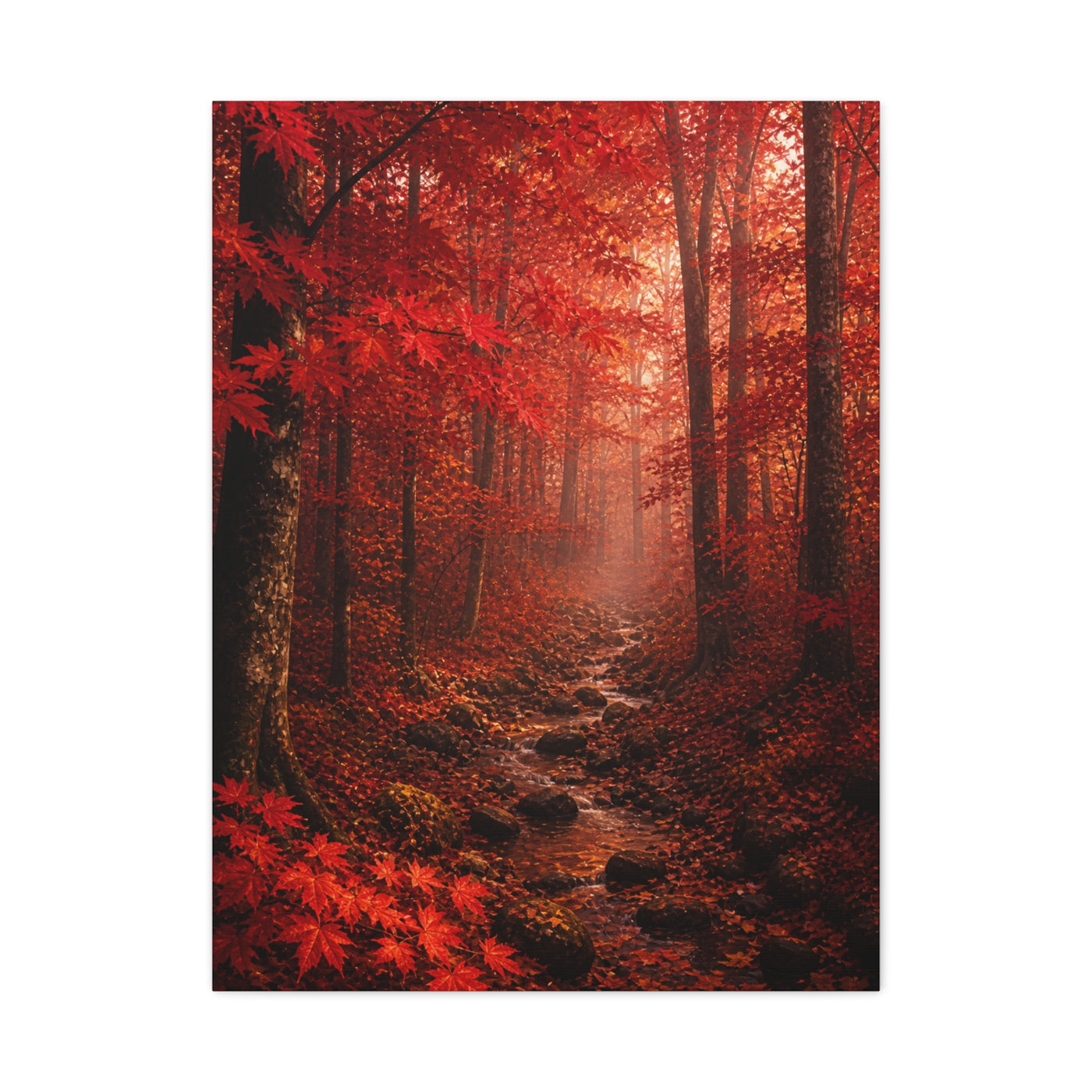Crimson Autumn Forest Stream Wall Art & Canvas Print