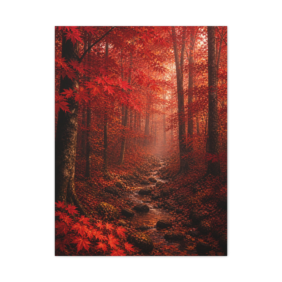 Crimson Autumn Forest Stream Wall Art & Canvas Print