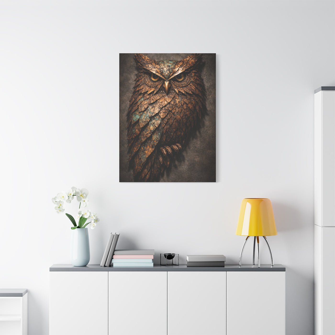 Rustic Metal Feather Owl Sculpture Wall Art & Canvas Print