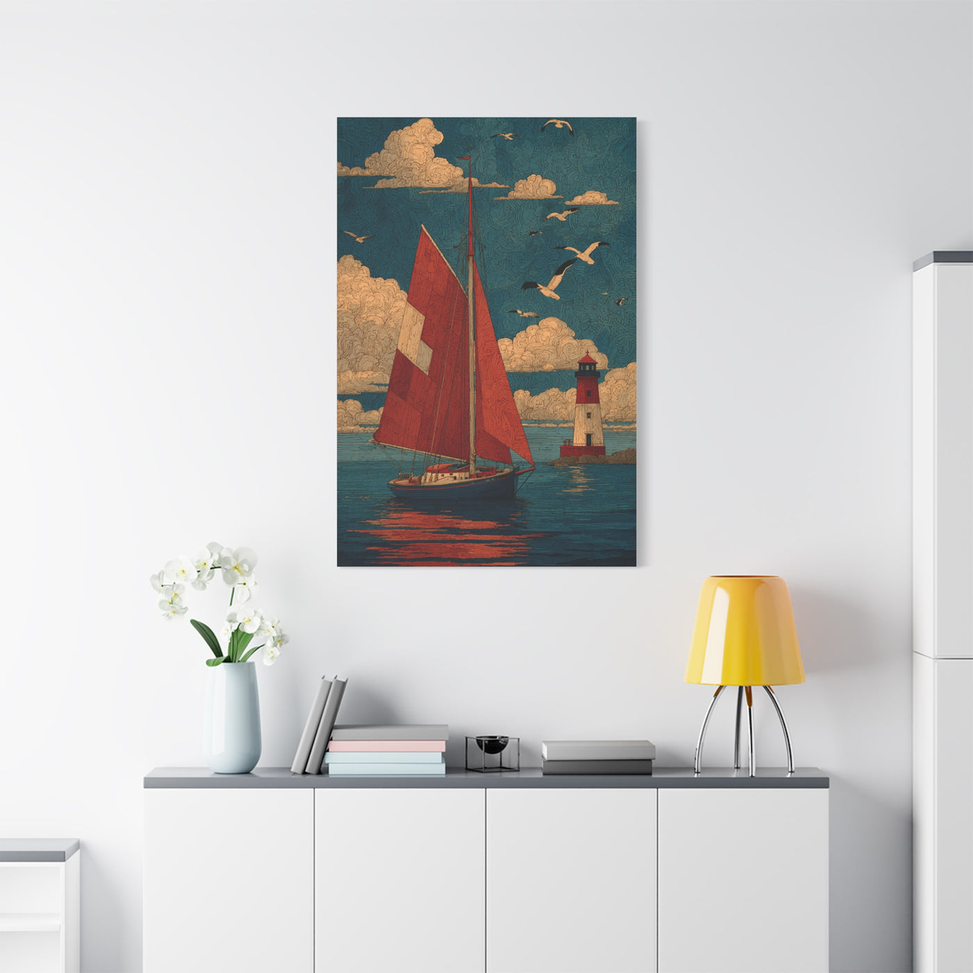 Primitive Coastal Sailboat Folk Wall Art & Canvas Print