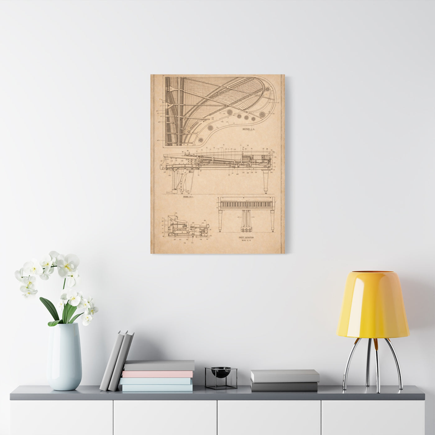 Grand Piano Blueprint Study Wall Art & Canvas Print