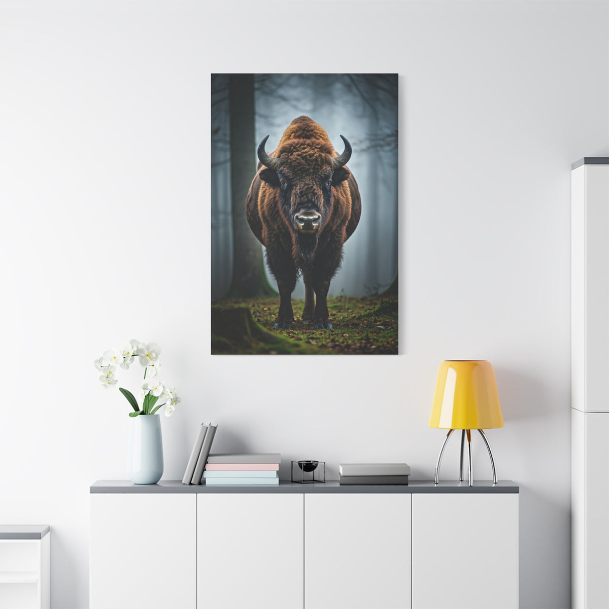 Bison Emerging from Forest Mist Wall Art & Canvas Print