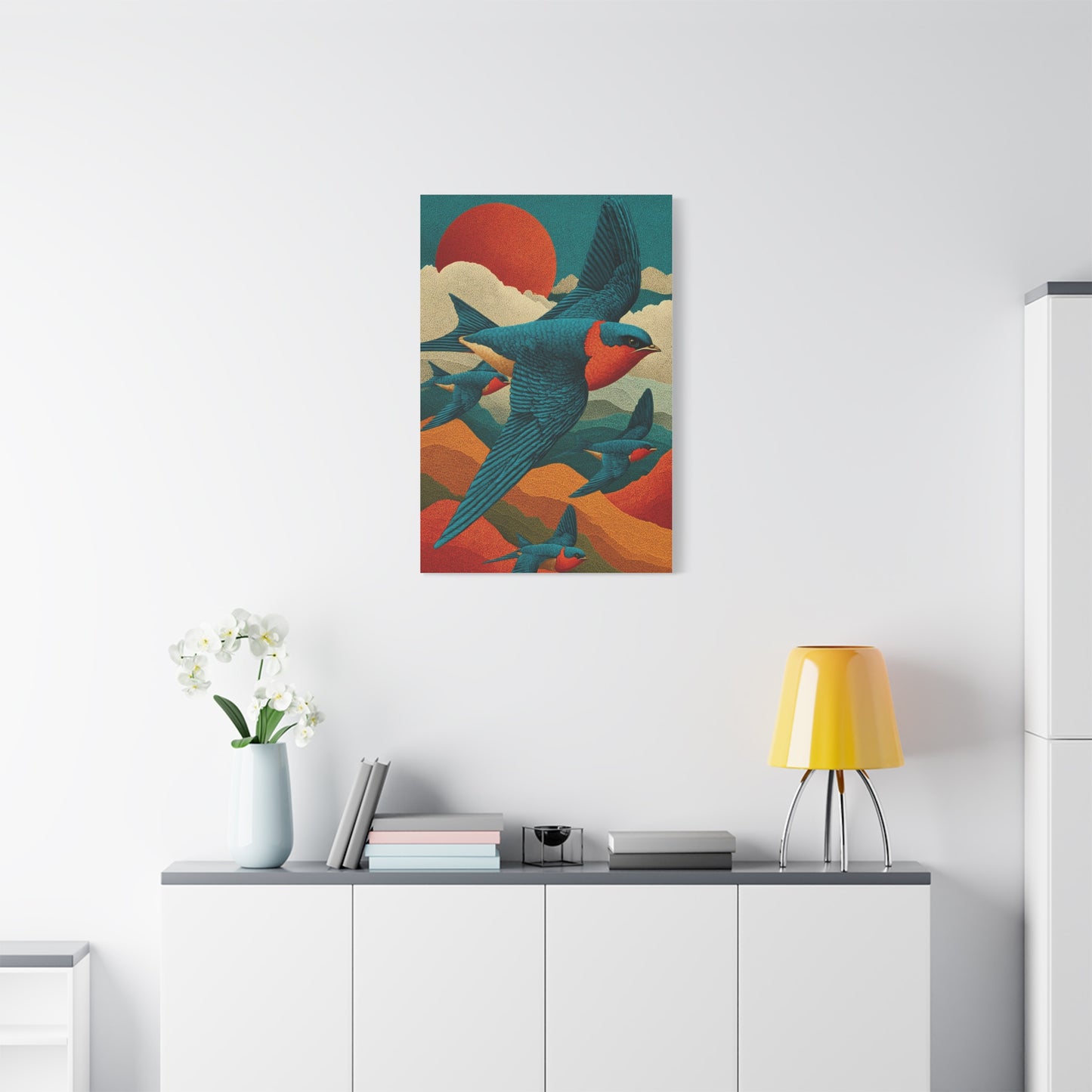 Stylized Swallow Flight Landscape Wall Art & Canvas Print
