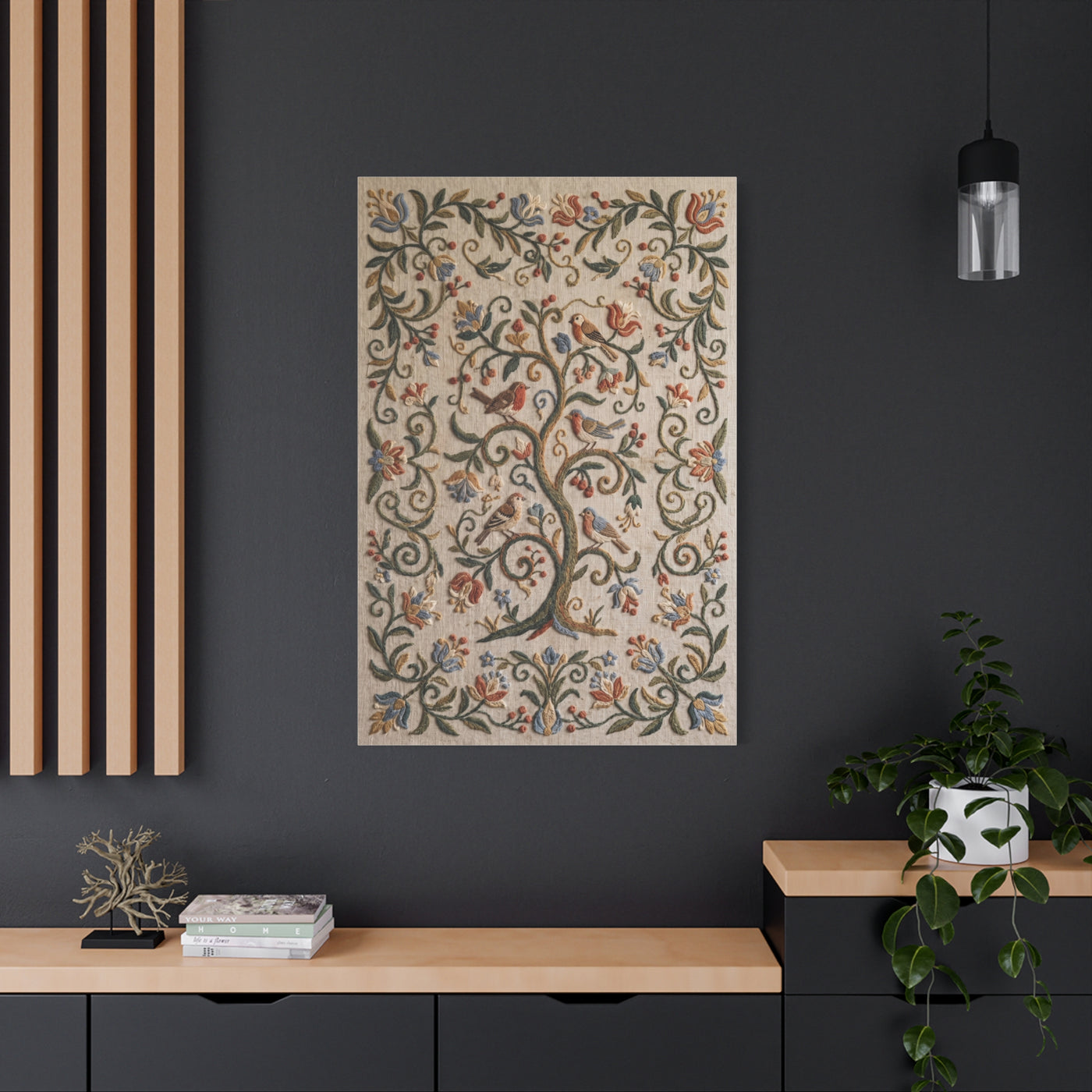 Folk Art Botanical Tree Embroidery Panel Wall Art & Canvas Print