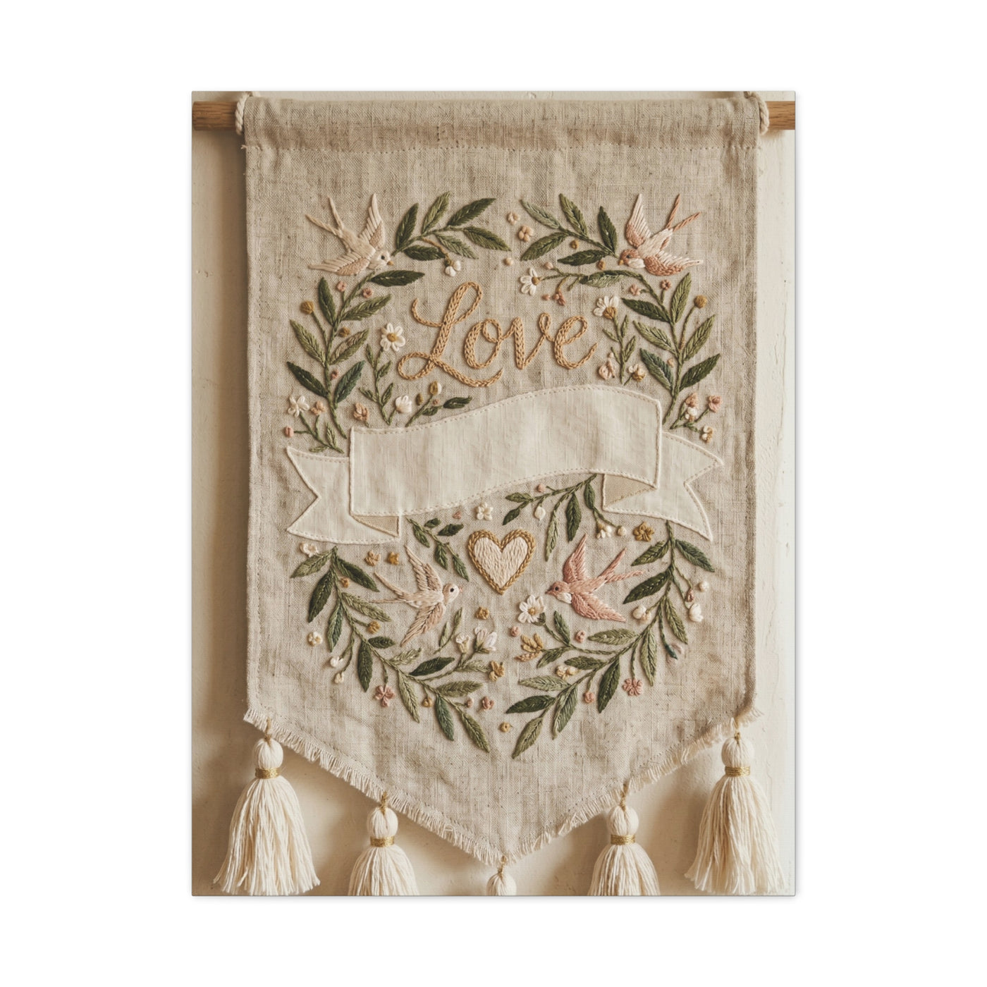 Bohemian Love Embroidered Textile Banner Wall Art & Canvas Print