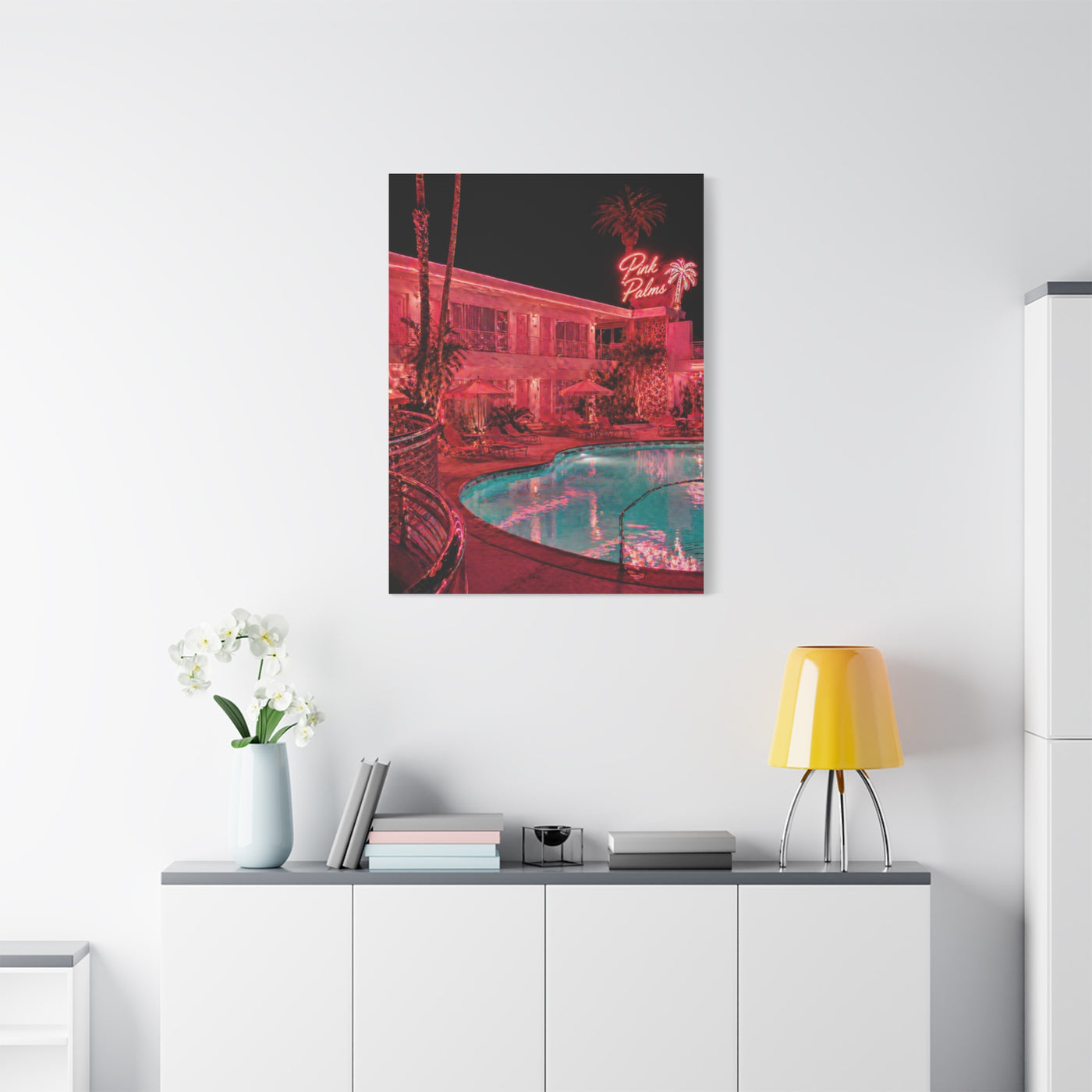 Pink Neon Pool Night Scene Wall Art & Canvas Print