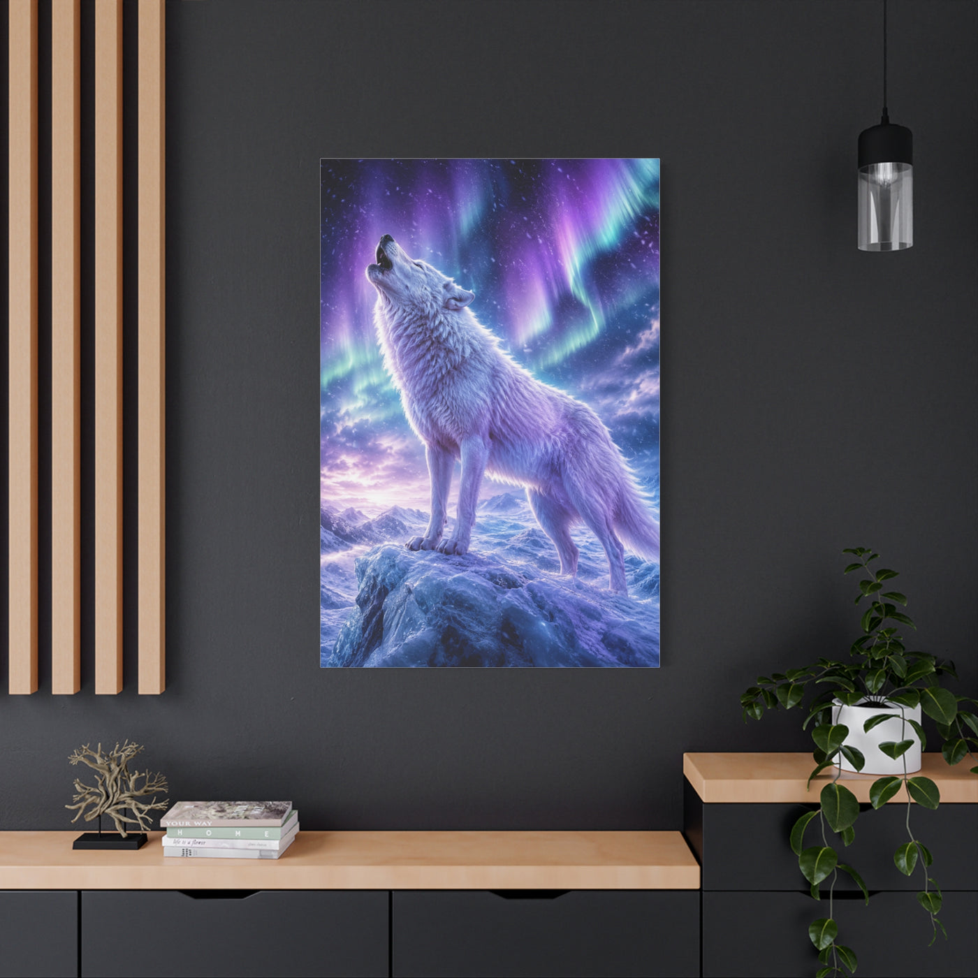 Aurora Night White Wolf Howling Scene Wall Art & Canvas Print