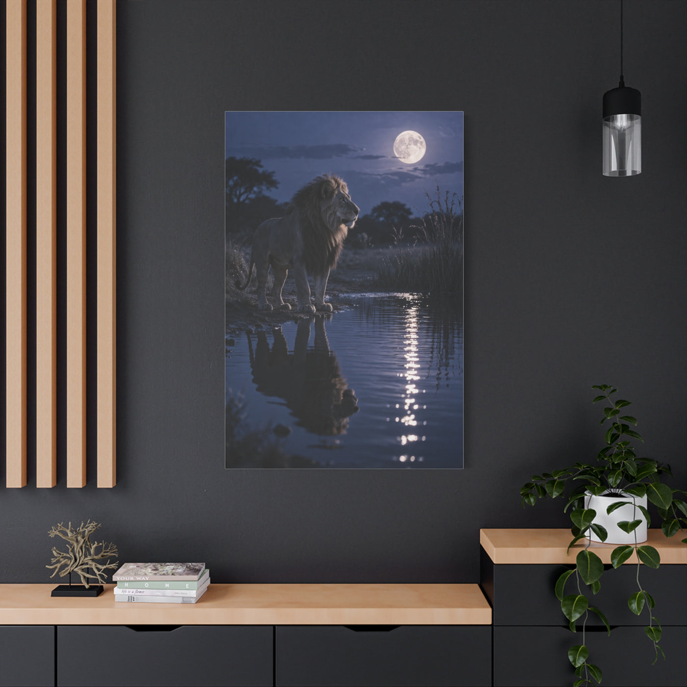 Lion by Moonlit Water Reflection Wall Art & Canvas Print