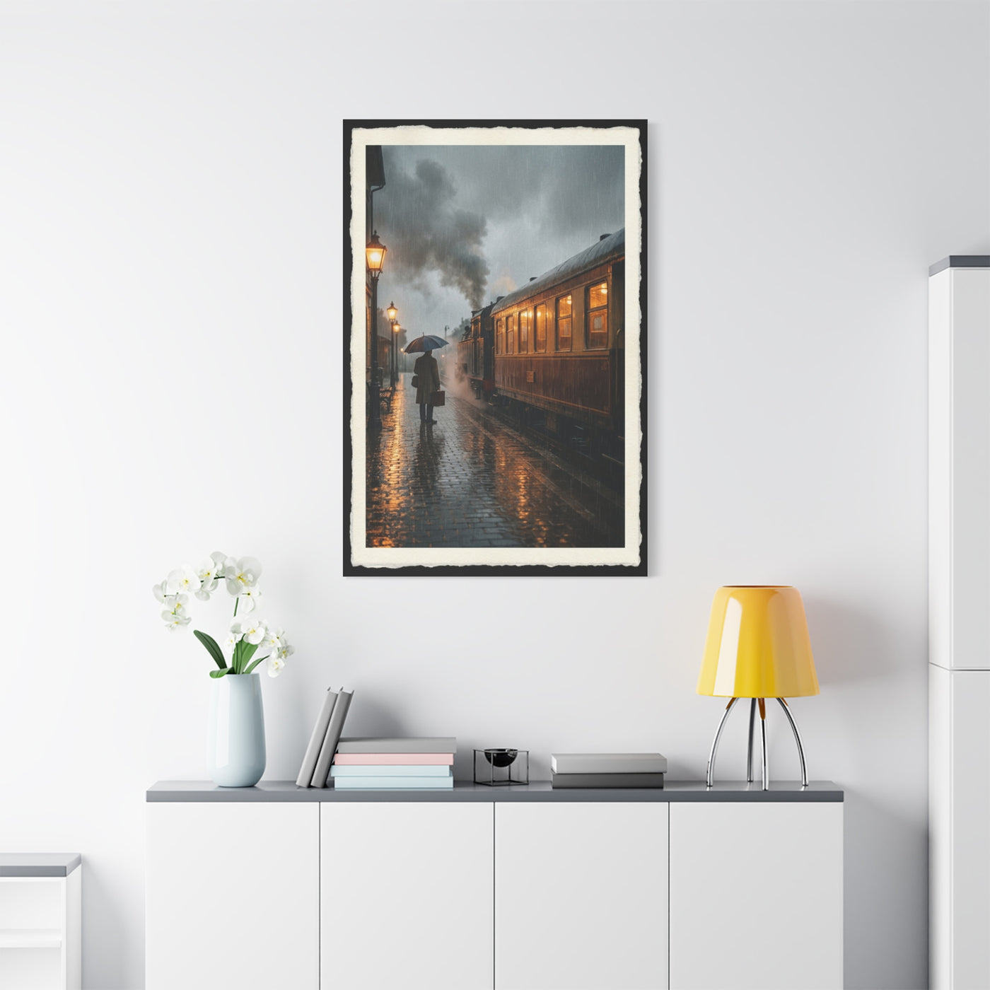 Rainy Train Platform Nostalgia Scene Wall Art & Canvas Print